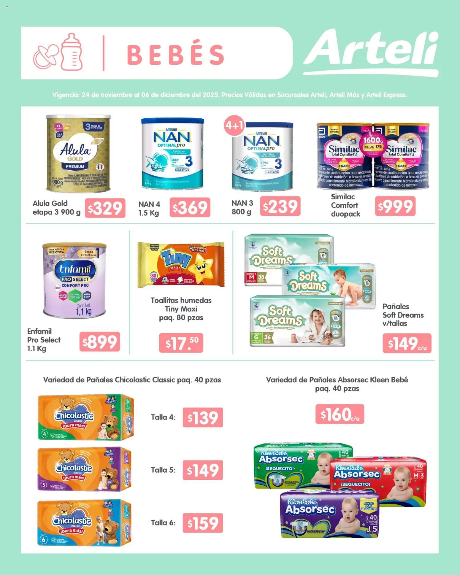 Nuevas ofertas de Arteli válidas en toda la República Mexicana desde el 24.11.2025. ¡Encuentra las mejores ofertas en Arteli folleto Quincenal! | Página: 11 | Productos: Toallitas húmedas, Leche, Pañales, Polvo