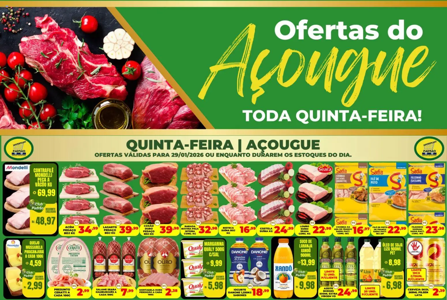 Supermercado Padrão Folheto - válido de 29.01.2026 | Página: 1 | Produtos: Presunto, Mortadela, Mussarela, Soja