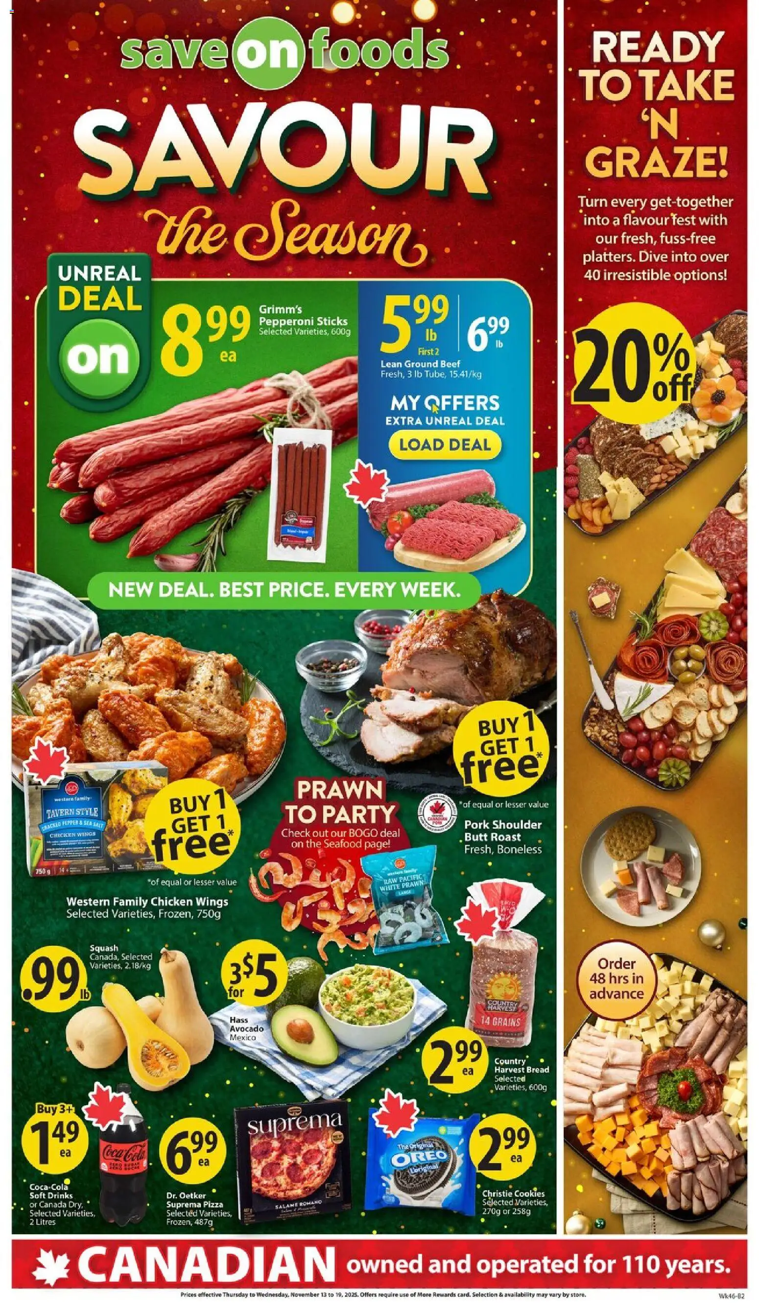 Save on foods flyer valid from 13.11.2025 | Page: 2 | Products: Cookies, Chicken wings, Pizza, Pork