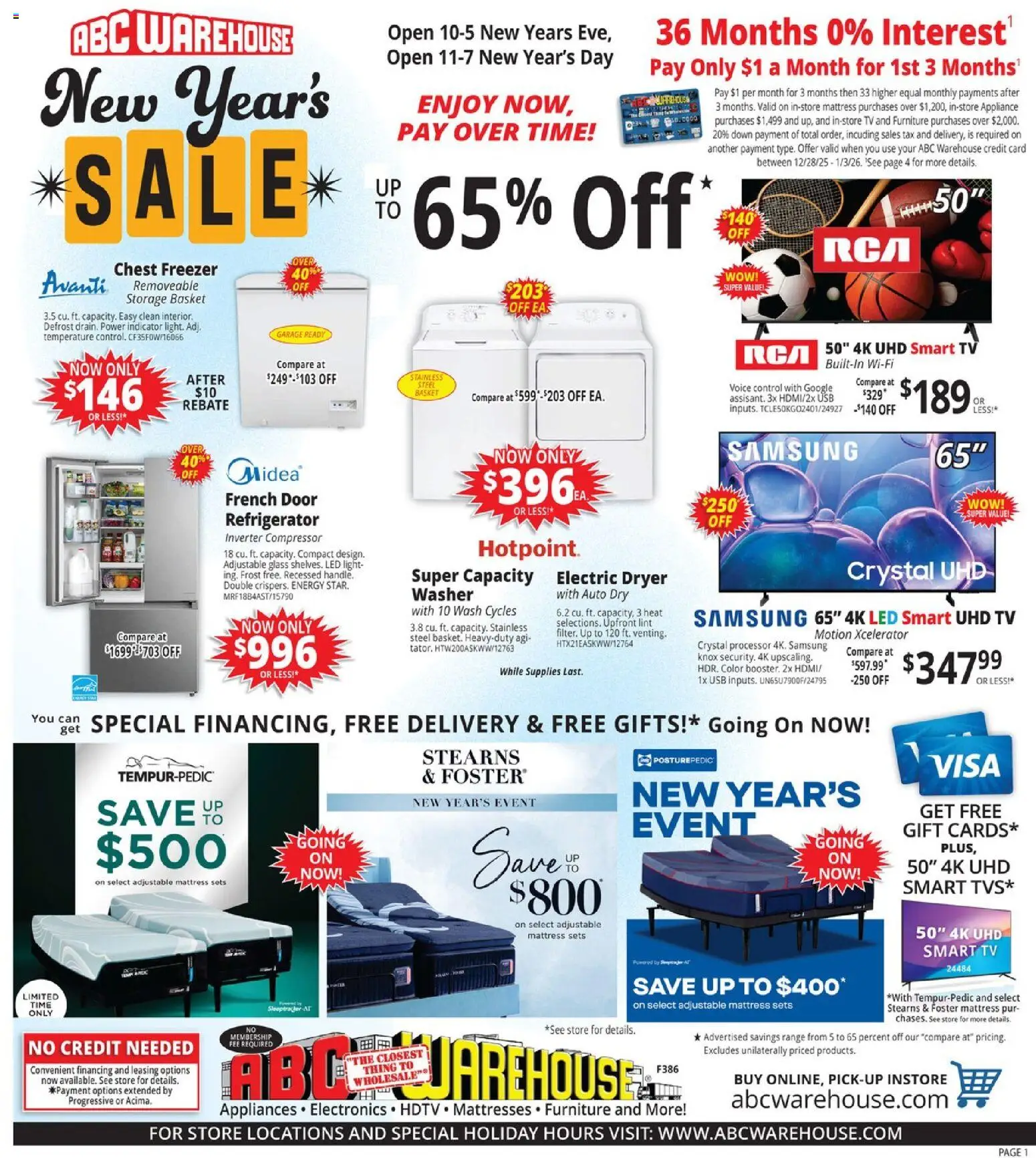 ABC Warehouse Weekly Ad - valid from 28.12.2025 | Page: 1 | Products: Tv, Washer, Refrigerator, Freezer