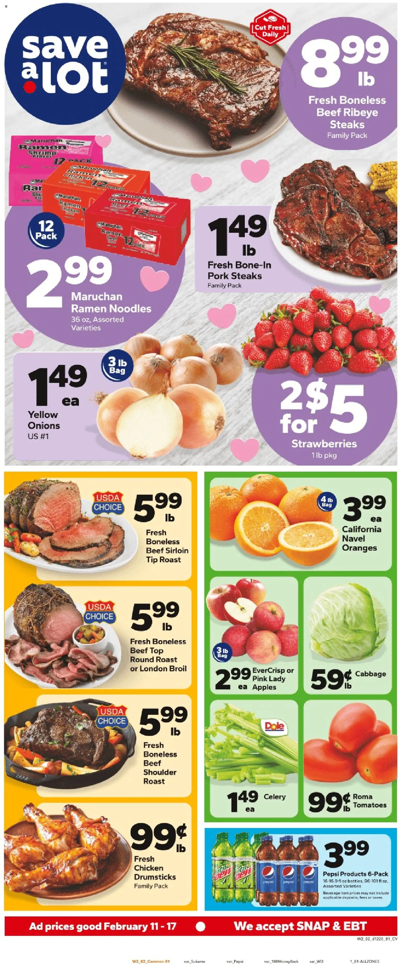 Save a Lot Weekly Ad - valid from 11.02.2026 | Page: 1 | Products: Pork, Tomatoes, Noodles, Strawberries