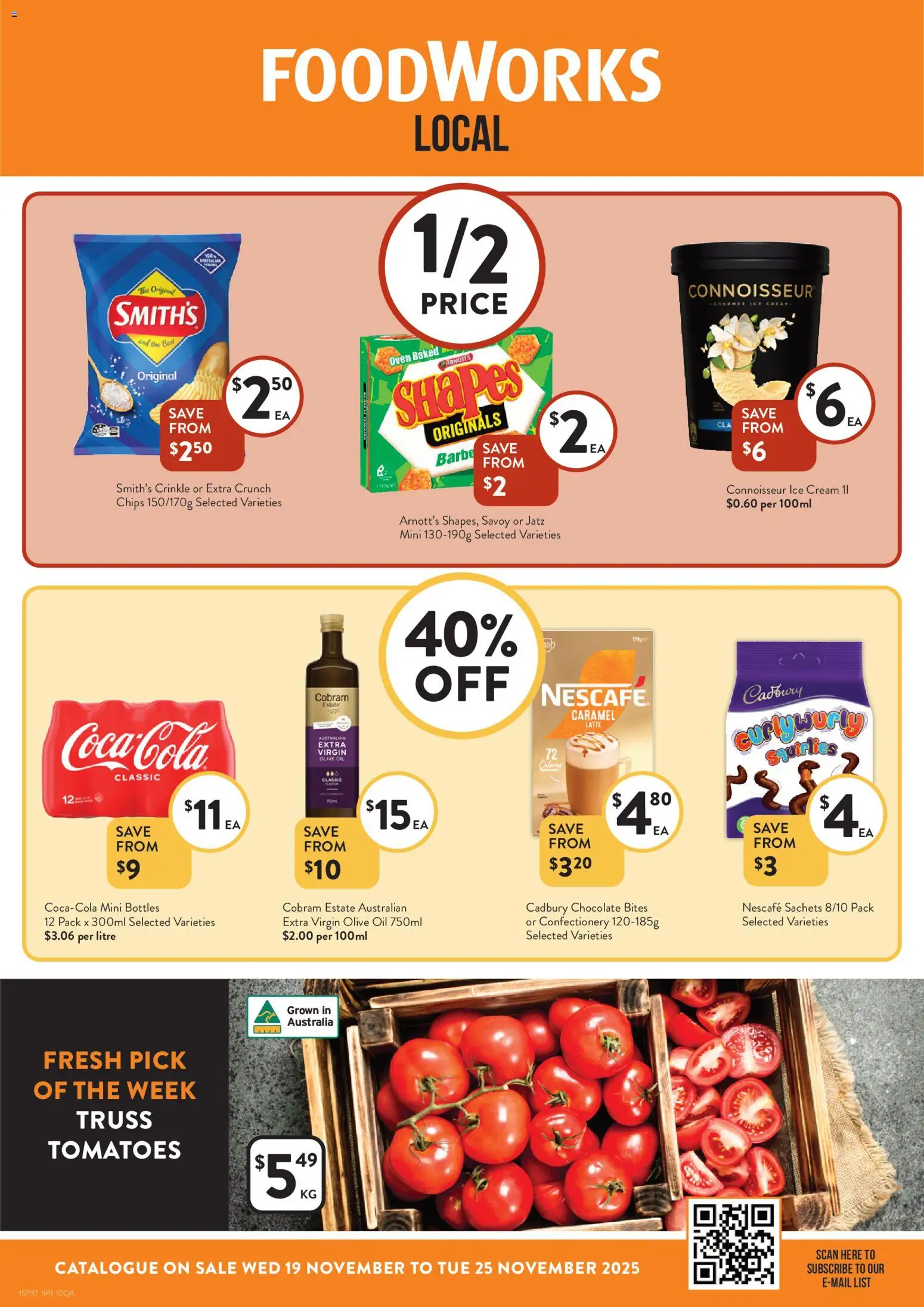 Foodworks catalogue - valid from 19.11.2025 | Page: 1 | Products: Chocolate, Tomatoes, Nescafe, Oven