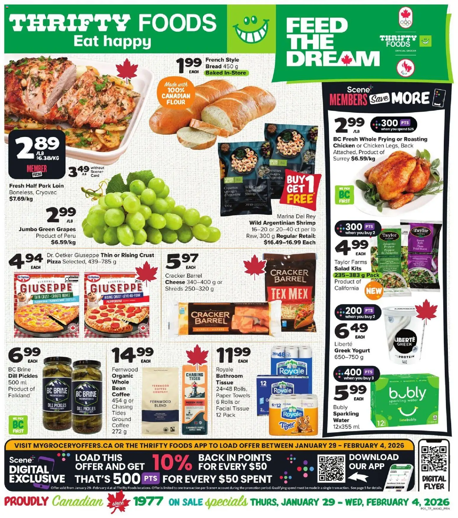 Thrifty Foods flyer valid from 29.01.2026 | Page: 1 | Products: Cheese, Coffee, Pizza, Chicken