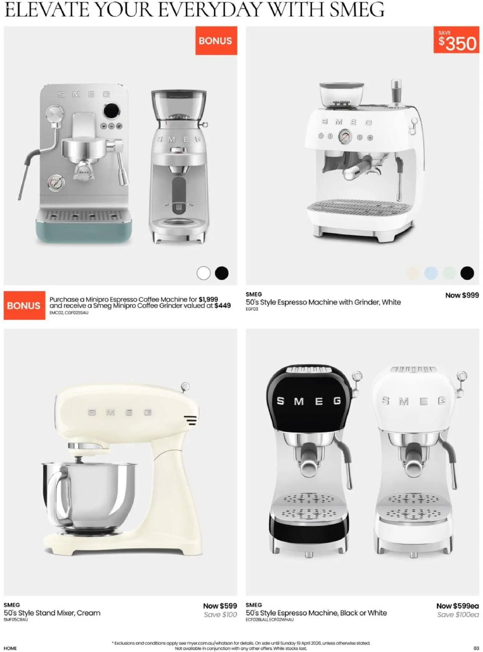 Myer catalogue - valid from 08.04.2026 | Page: 3 | Products: Coffee, Cream, Grinder, Espresso machine
