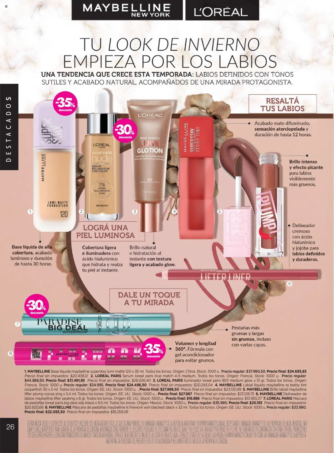 Farmacity catálogo │ válido desde el 01.08.2025 | Página: 26 | Productos: Iluminador, Máscara, Mascara de pestañas, Brillo