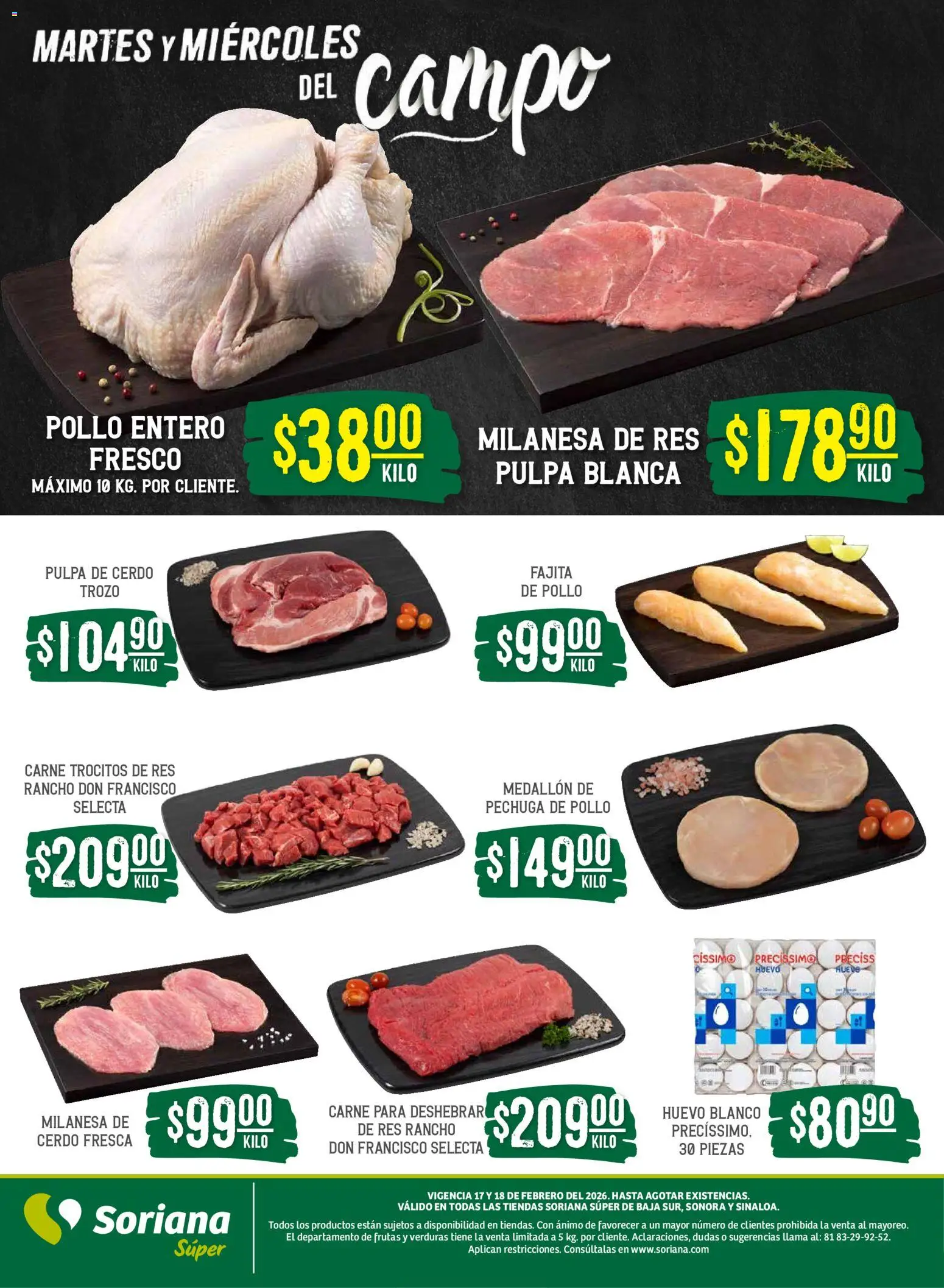 Nuevas ofertas de Soriana válidas en toda la República Mexicana desde el 17.02.2026. ¡Encuentra las mejores ofertas en Soriana - Martes y Miércoles del Campo Súper: BCS, Son y Sin! | Página: 4 | Productos: Pollo, Milanesa, Cerdo, Res