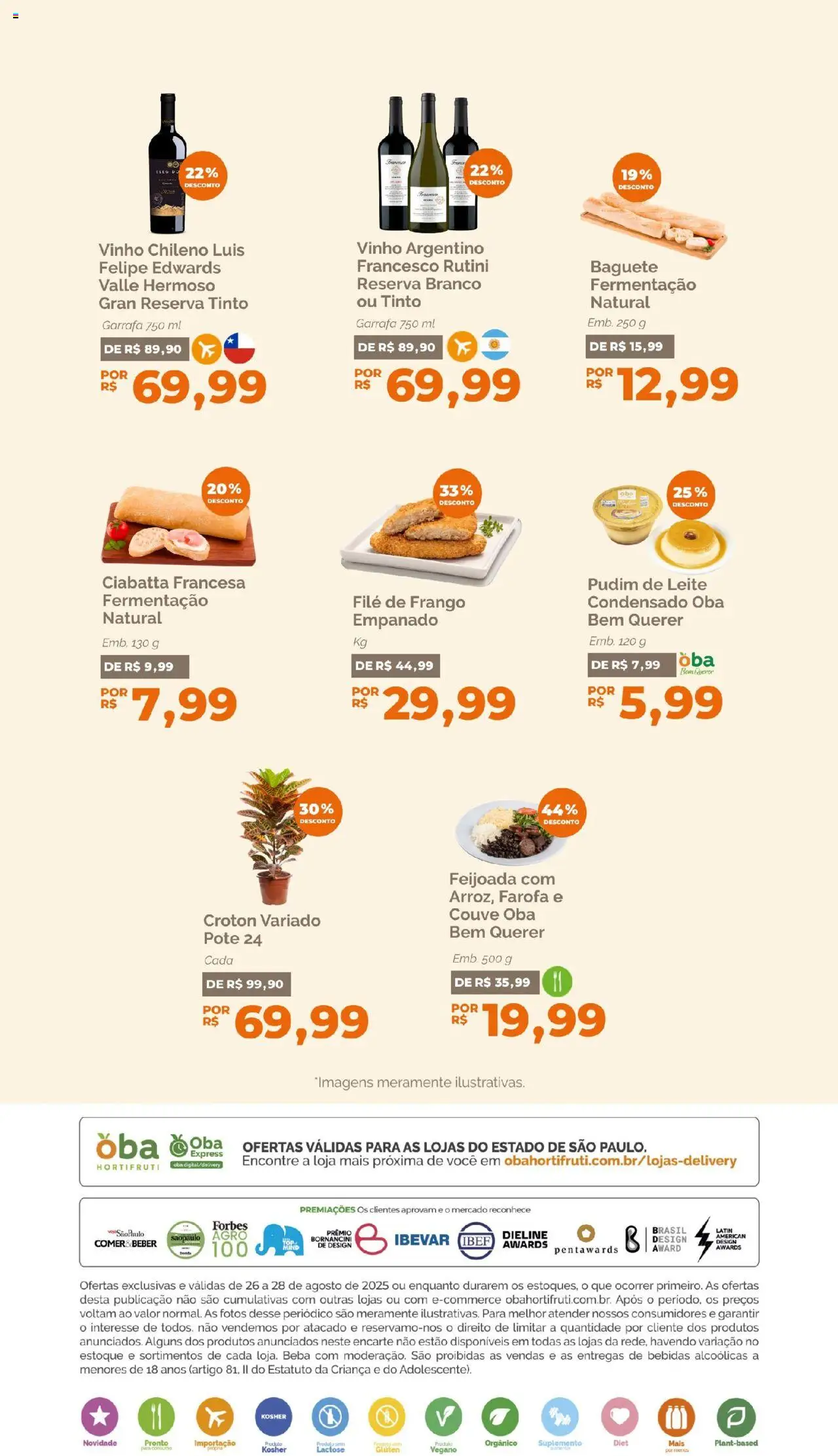 Oba Hortifruti Folheto - válido de 26.08.2025 | Página: 7 | Produtos: Filé de frango, Leite, Vinho, Farofa