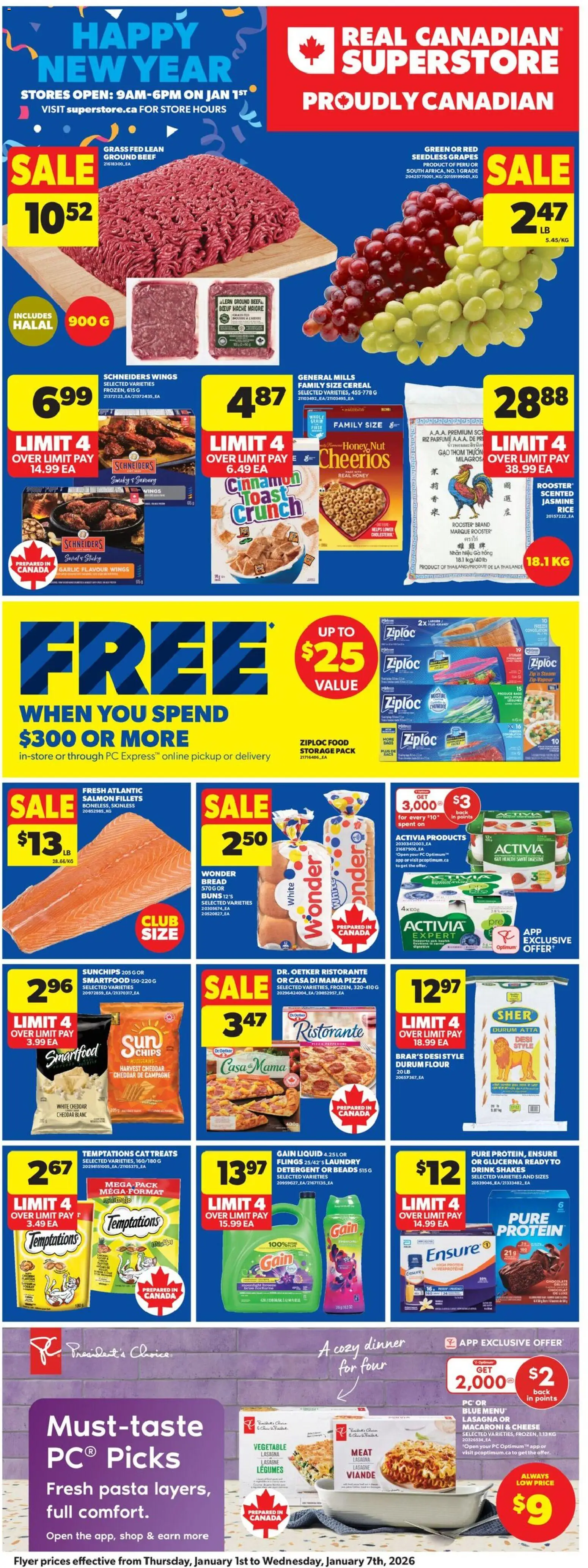 Real Canadian Superstore flyer valid from 01.01.2026 | Page: 3 | Products: Beef, Chips, PC, Chocolate