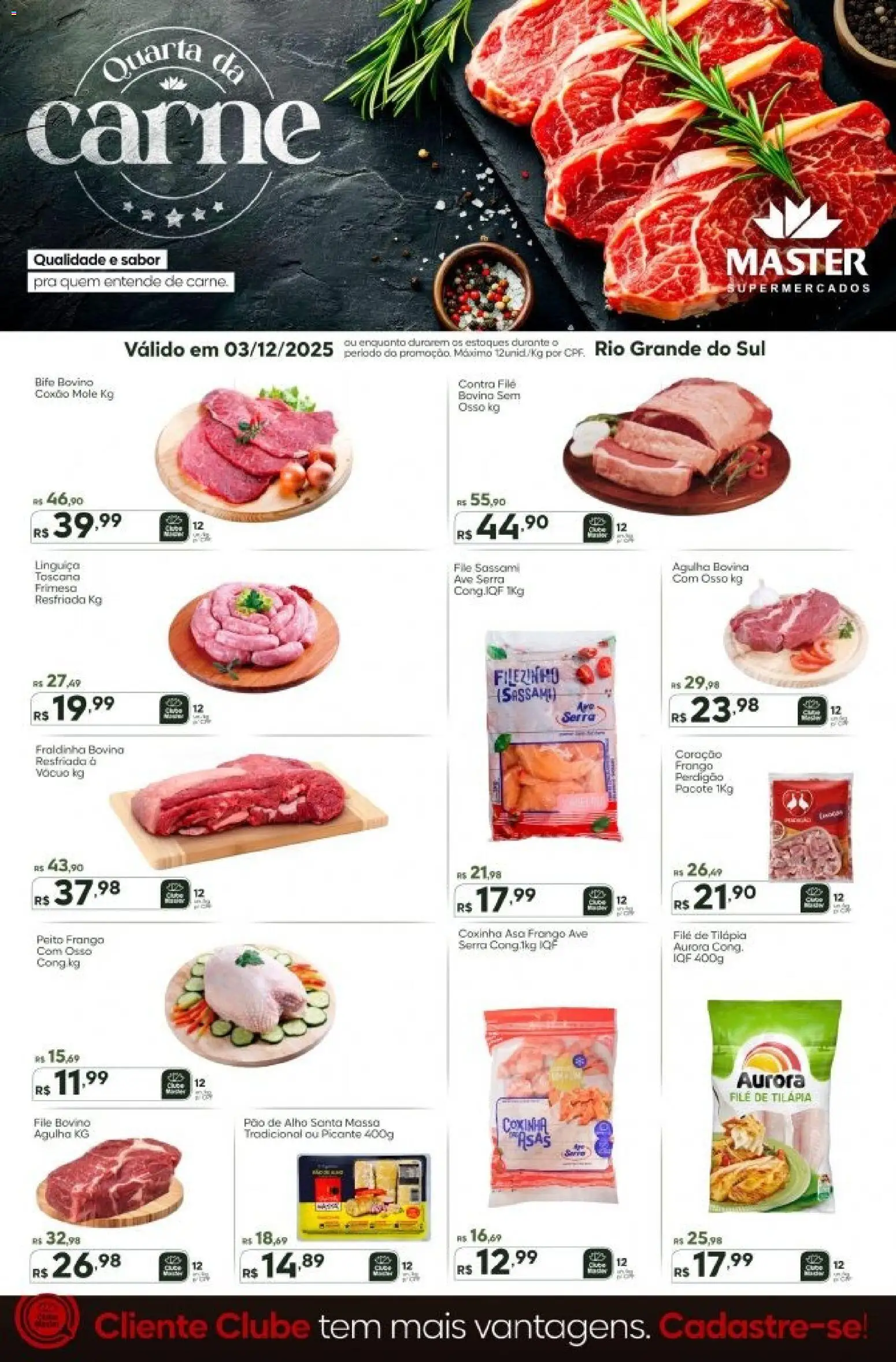 Master Folheto - válido de 03.12.2025 | Página: 1 | Produtos: Linguiça, Fraldinha, Pão, Tilápia