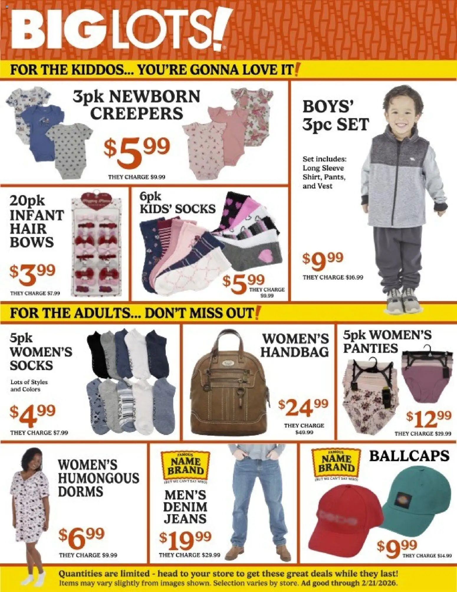 Big Lots Weekly Ad - valid from 14.02.2026 | Page: 3 | Products: Panties, Socks, Handbag, Jeans