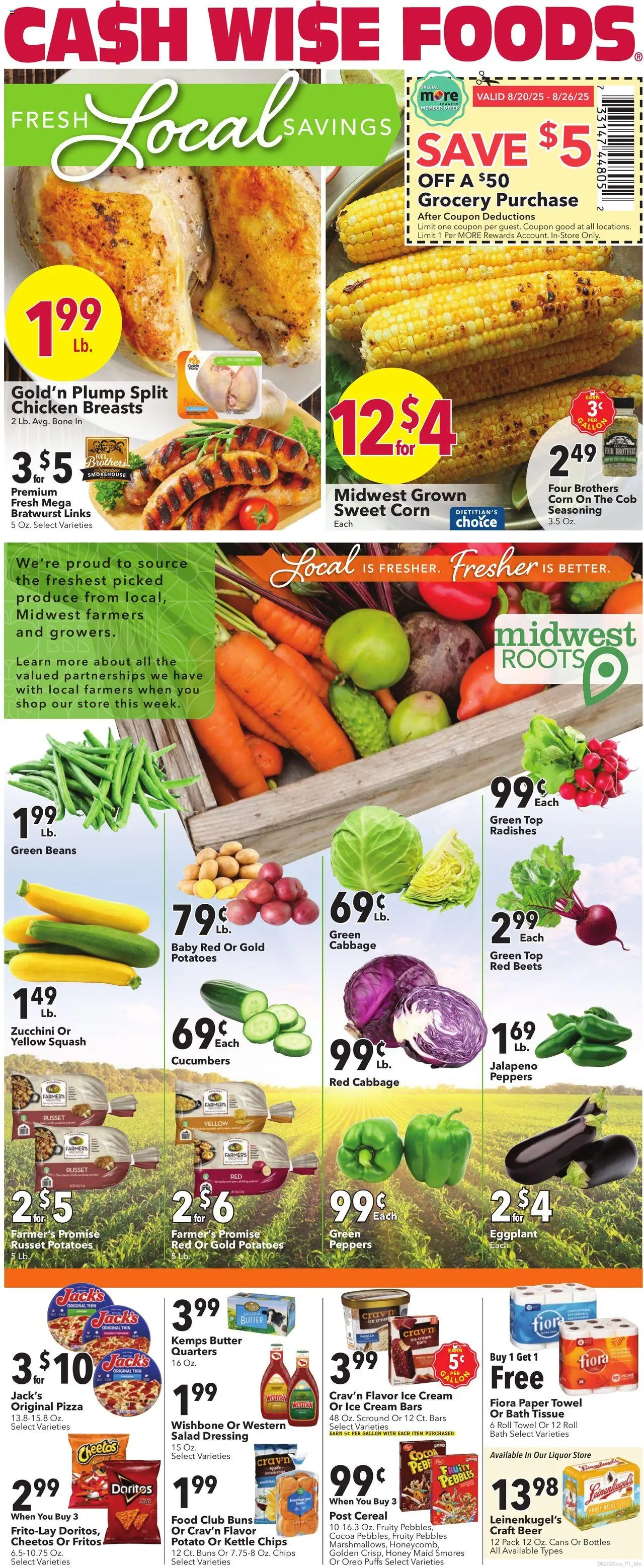 Cash Wise Weekly Ad - valid from 20.08.2025 | Page: 1 | Products: Corn, Squash, Beer, Salad