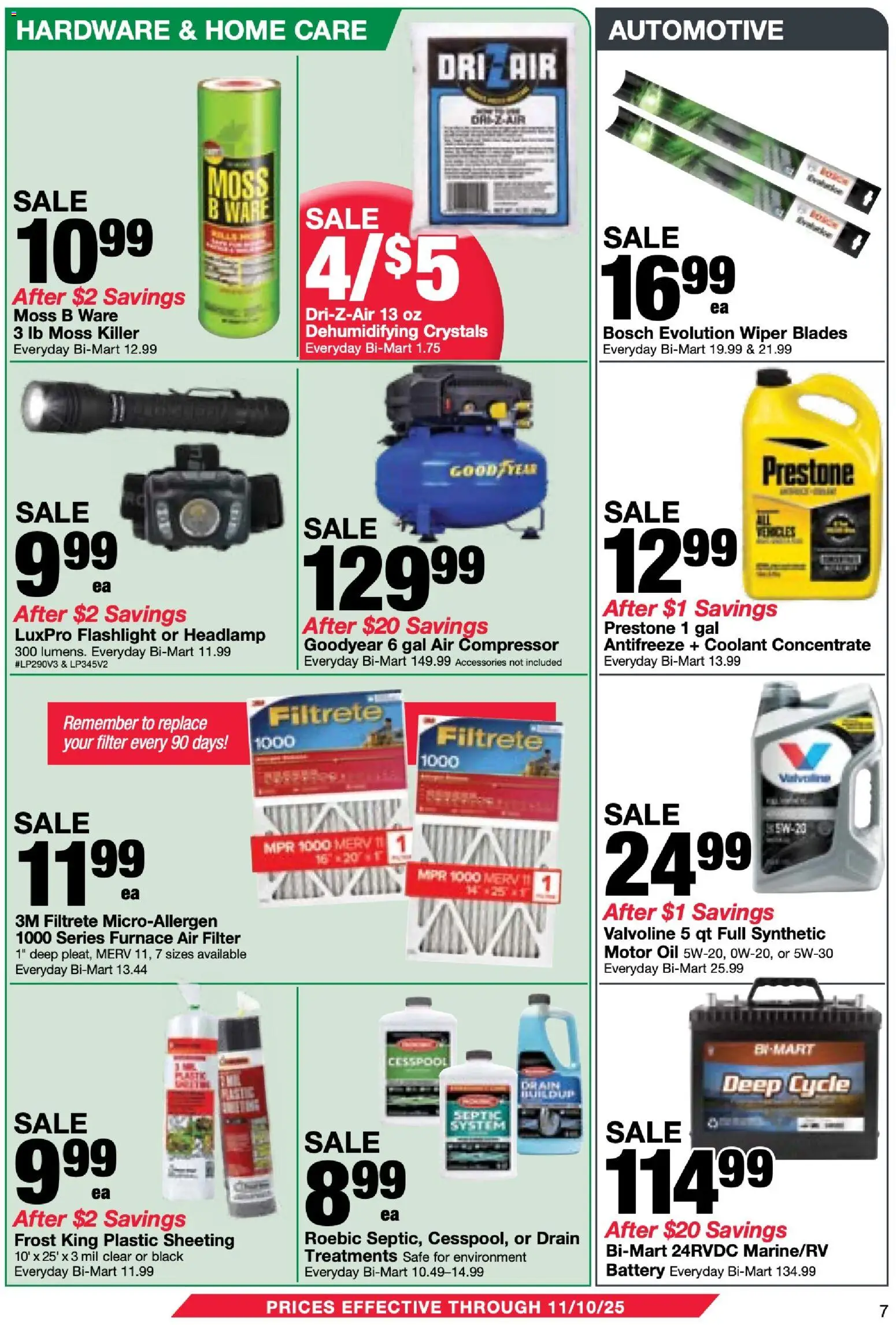Bi-Mart Weekly Ad - valid from 28.10.2025 | Page: 7 | Products: Battery, Wiper, Motor Oil, Air Filter