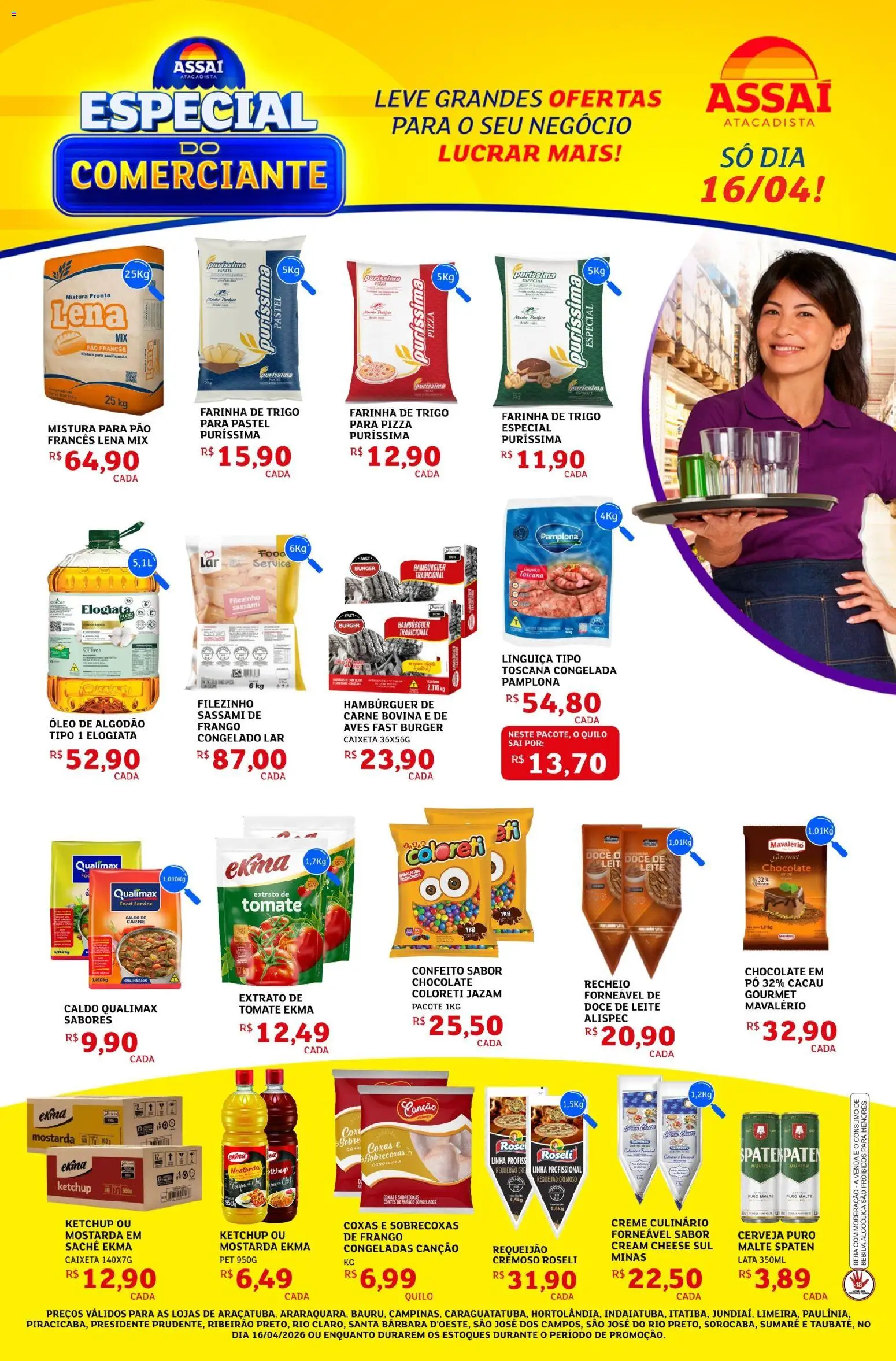 Assaí Atacadista Folheto - válido de 16.04.2026 | Página: 1 | Produtos: Linguiça, Cerveja, Cream cheese, Requeijão
