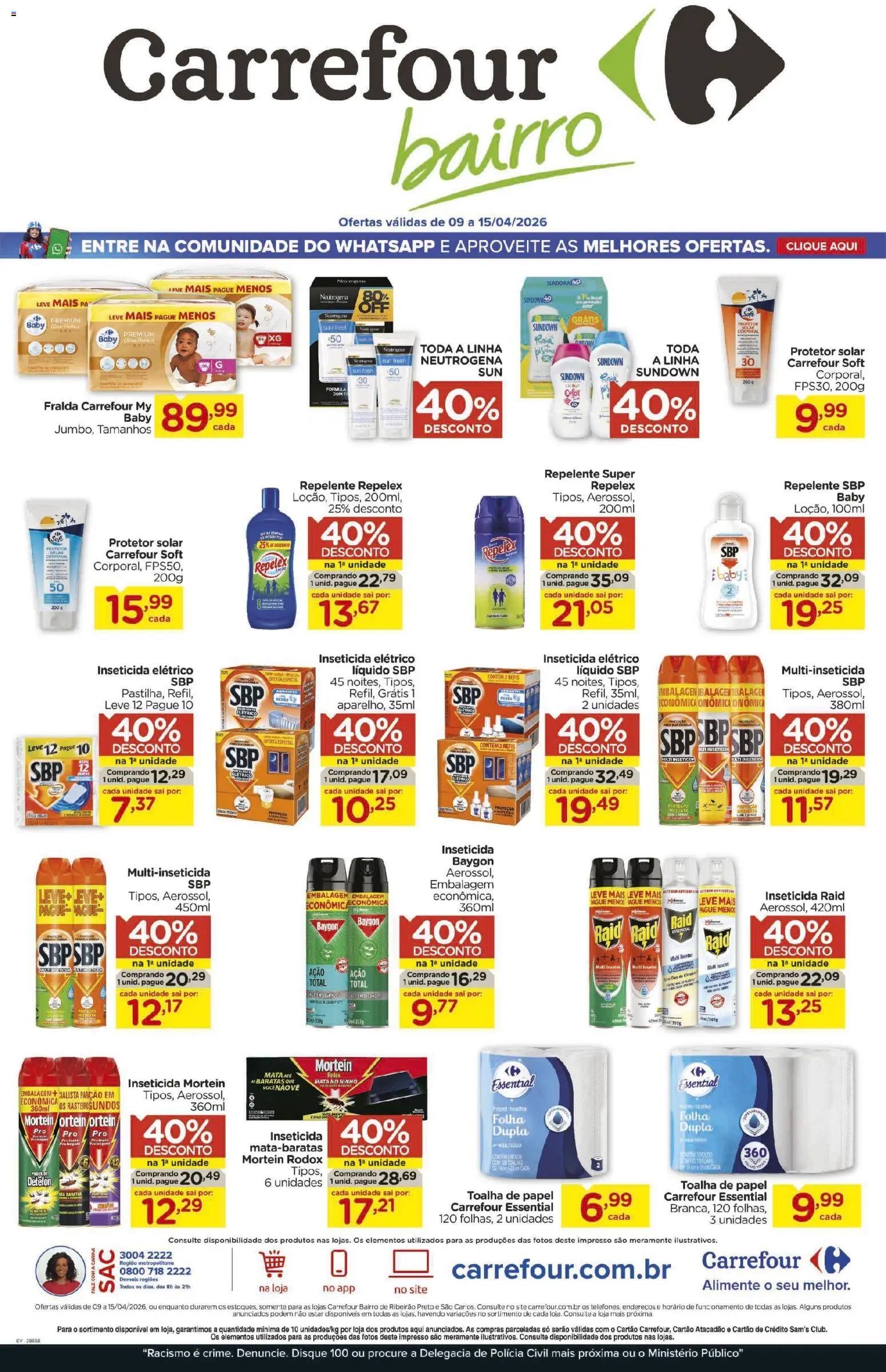 Carrefour Bairro Folheto - válido de 09.04.2026 | Página: 1 | Produtos: Piscina, Repelente, Sal, Inseticida