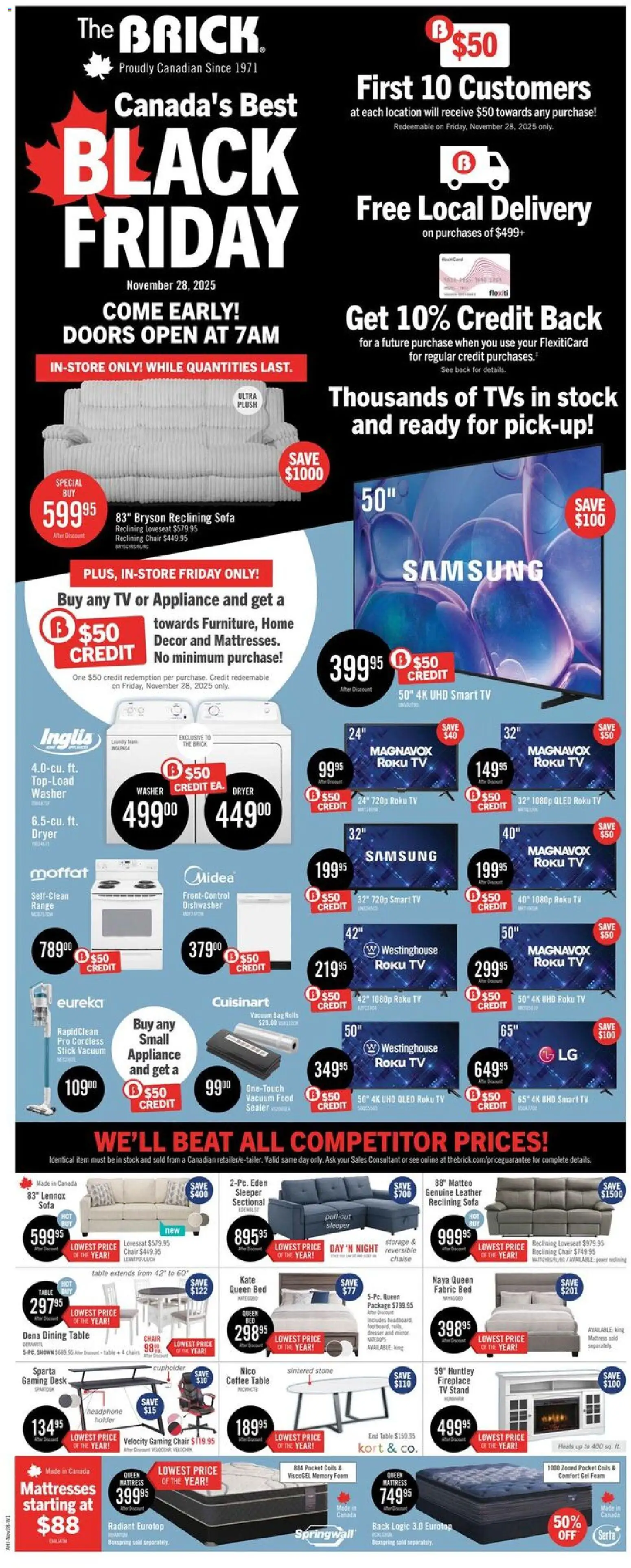 The Brick flyer valid from 28.11.2025 | Page: 1 | Products: Dryer, Mattress, Sofa, Table