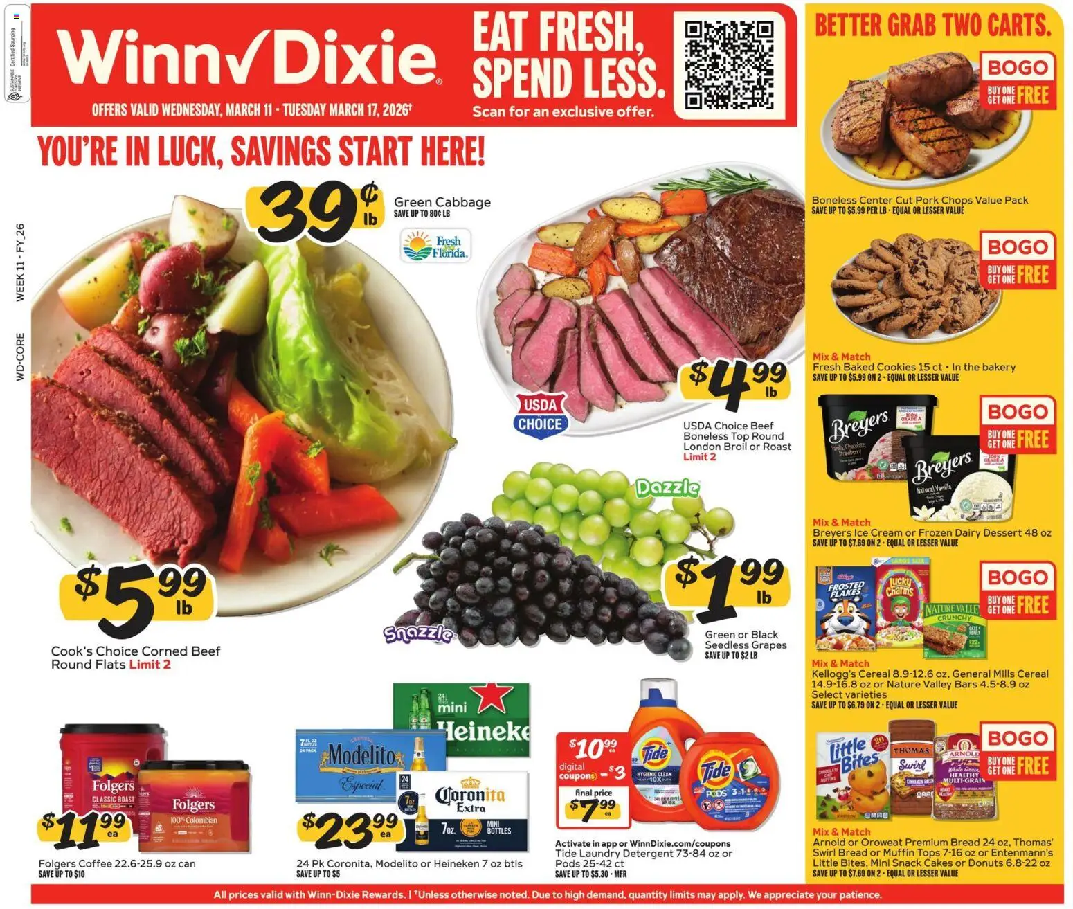 Winn Dixie Weekly Ad - valid from 11.03.2026 | Page: 1 | Products: Bread, Coffee, Beef, Grapes