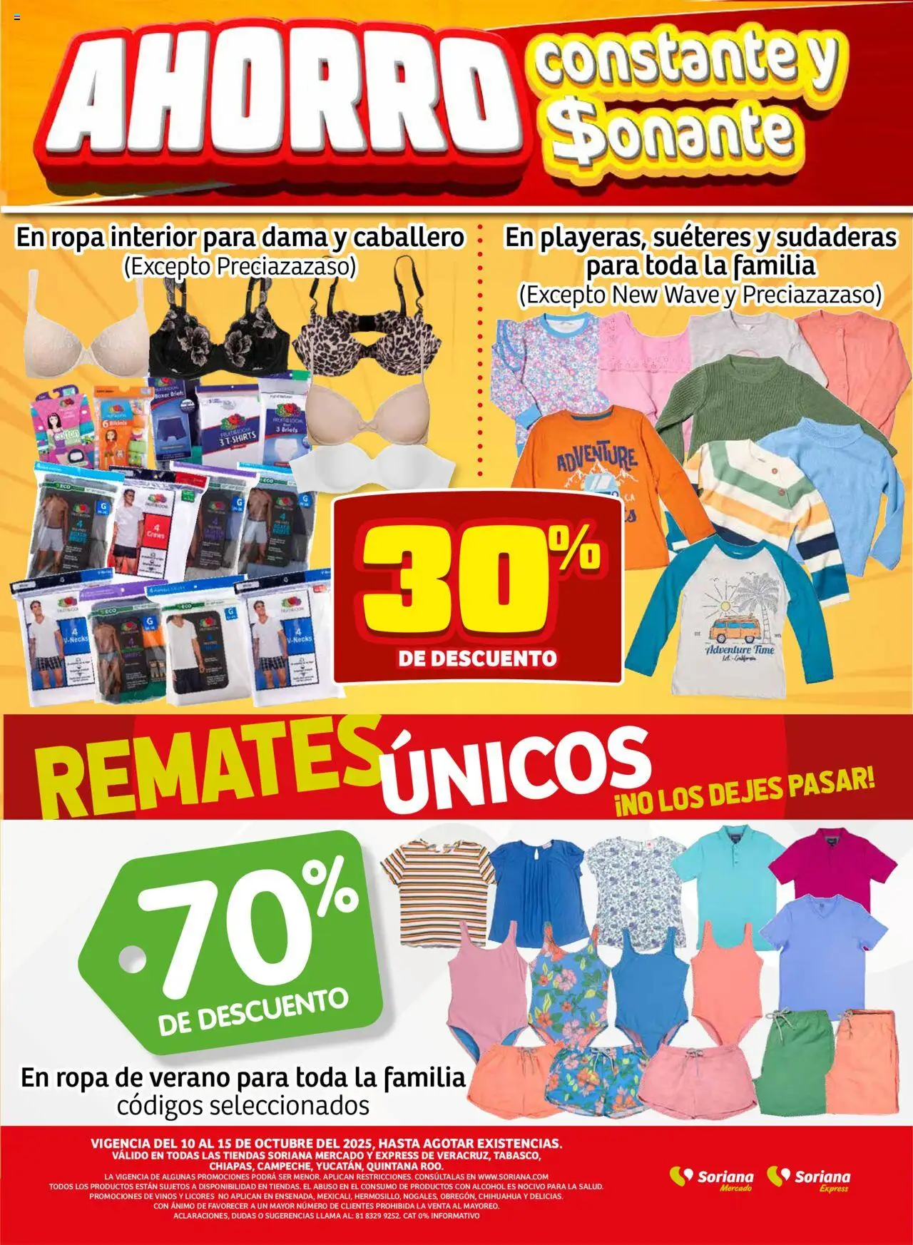 Nuevas ofertas de Soriana válidas en toda la República Mexicana desde el 09.10.2025. ¡Encuentra las mejores ofertas en Soriana - Fin de Semana Mercado: Ver, Tab, Chis, Camp, Yuc y Q. Roo! | Página: 12 | Productos: Ropa, Ropa interior