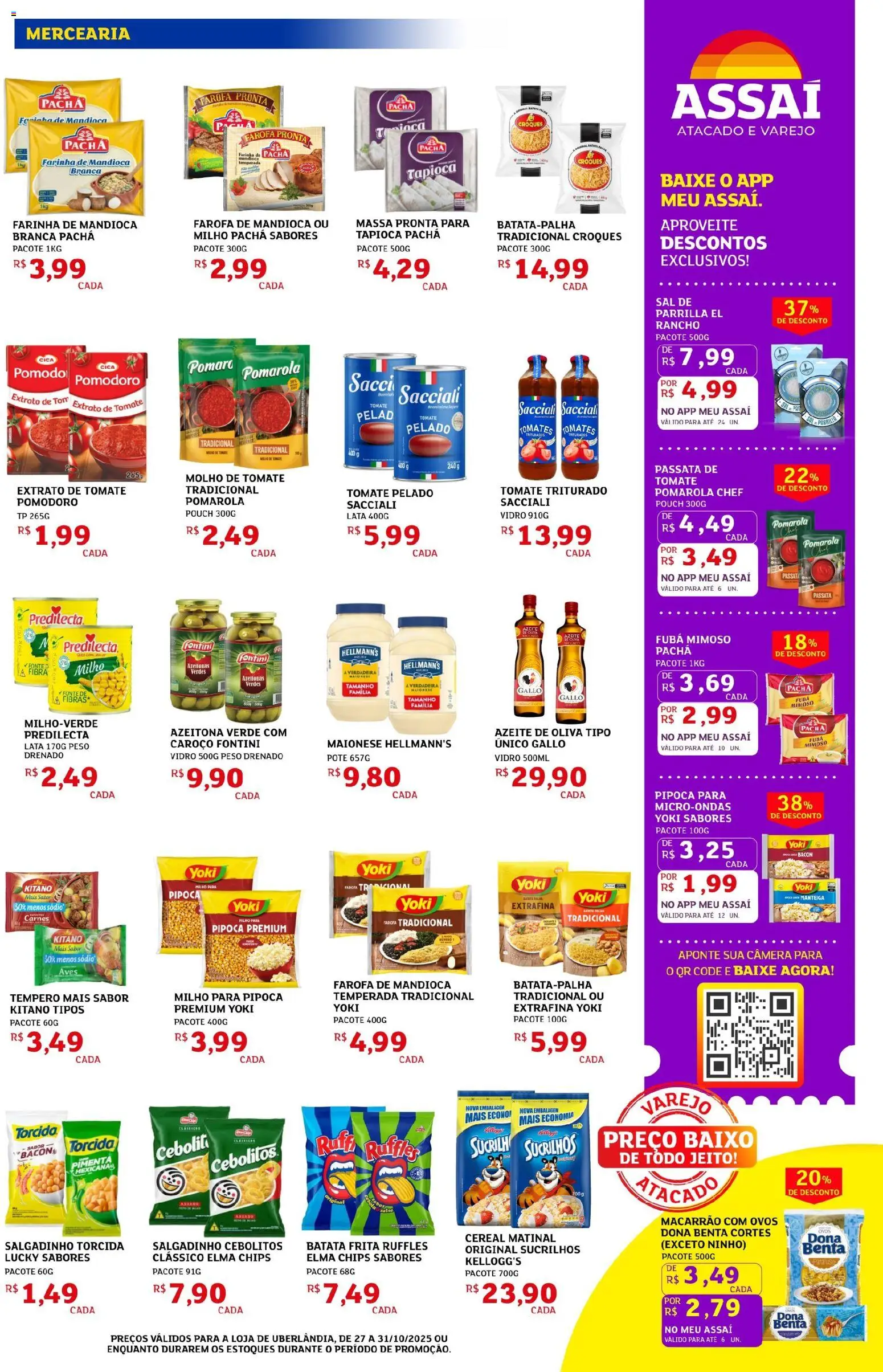 Assaí Atacadista Folheto - válido de 27.10.2025 | Página: 3 | Produtos: Mandioca, Molho de tomate, Câmera, Pipoca