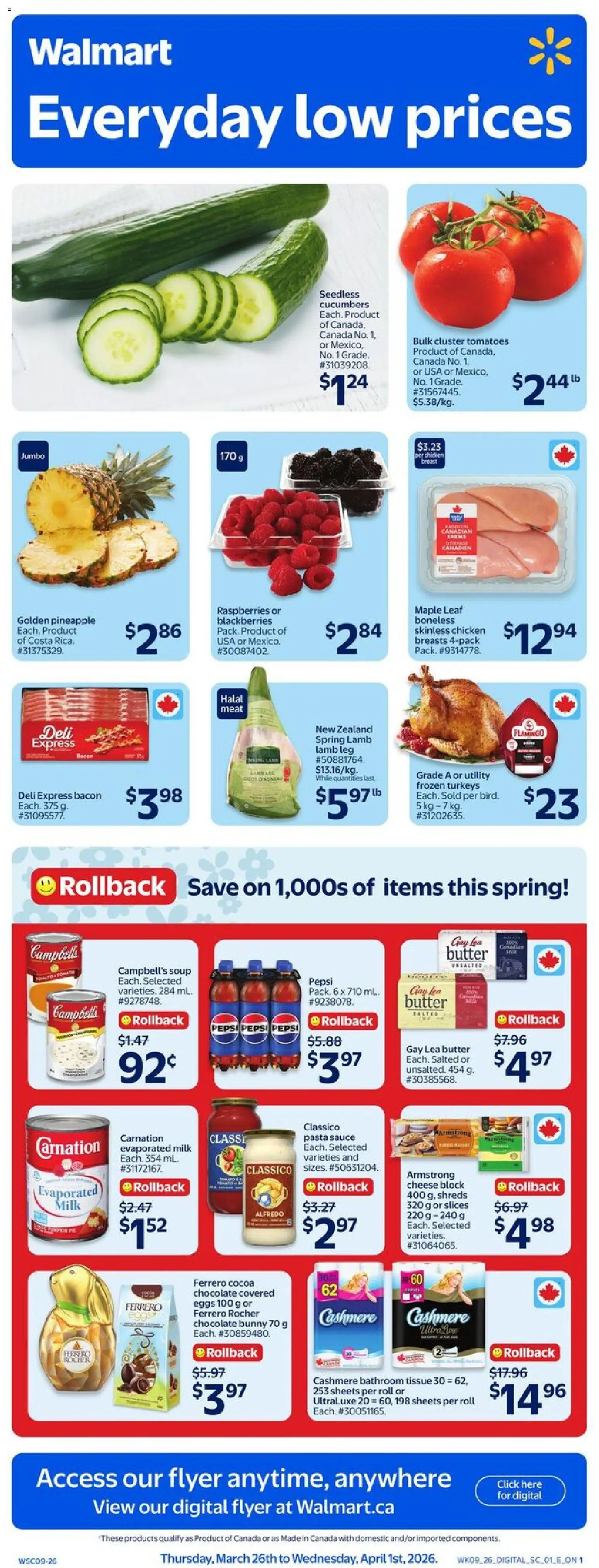 Walmart flyer valid from 26.03.2026 | Page: 1 | Products: Pasta, Cheese, Eggs, Tomatoes