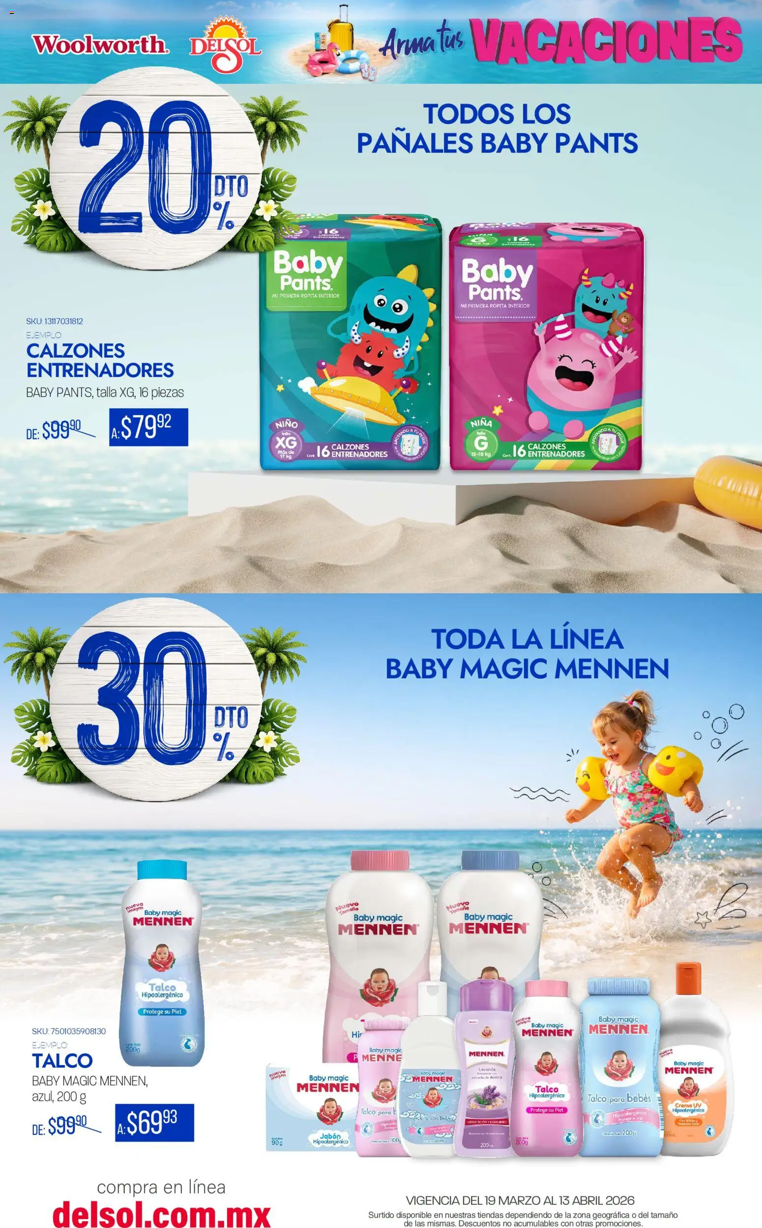 Nuevas ofertas de Del Sol y Woolworth catálogo Arma tus Vacaciones  válidas en toda la República Mexicana desde el 19.03.2026. ¡Encuentra las mejores ofertas en Del Sol y Woolworth catálogo Arma tus Vacaciones ! | Página: 35 | Productos: Crema, Pañales, Protector solar, Jabón