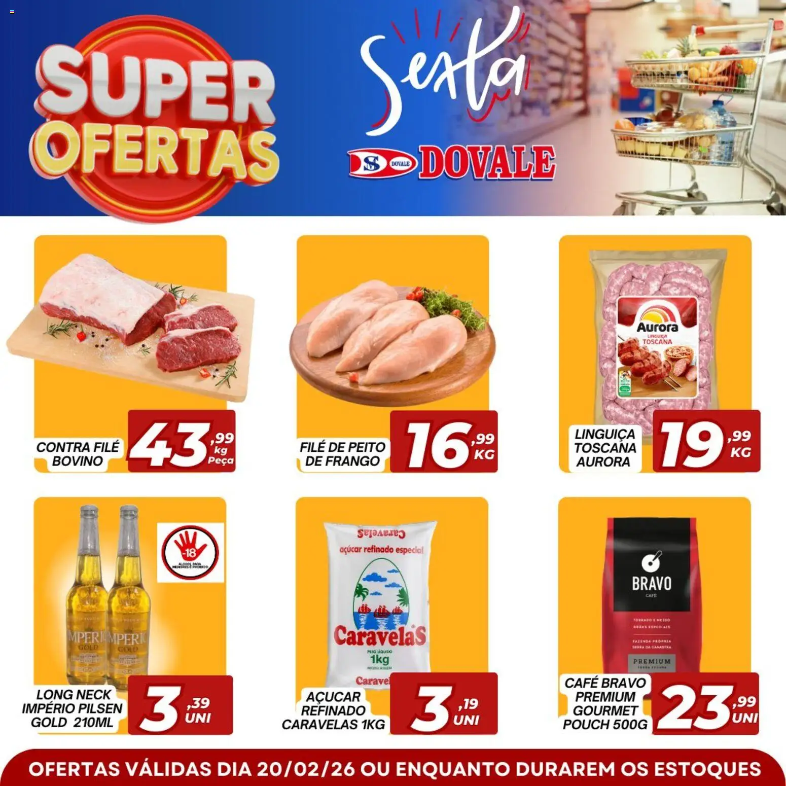 Dovale Folheto - válido de 20.02.2026 | Página: 1 | Produtos: Linguiça, Contra filé, Café, Frango
