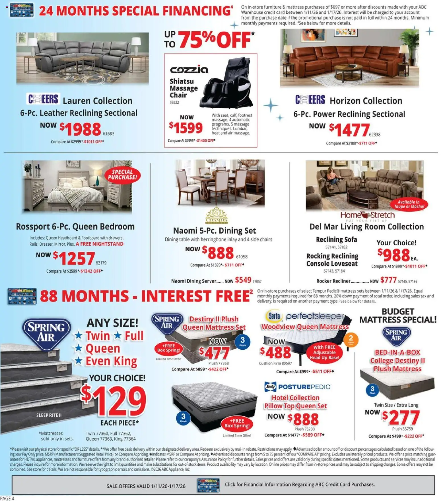 ABC Warehouse Weekly Ad - valid from 11.01.2026 | Page: 4 | Products: Sofa, Table, Chair, Loveseat