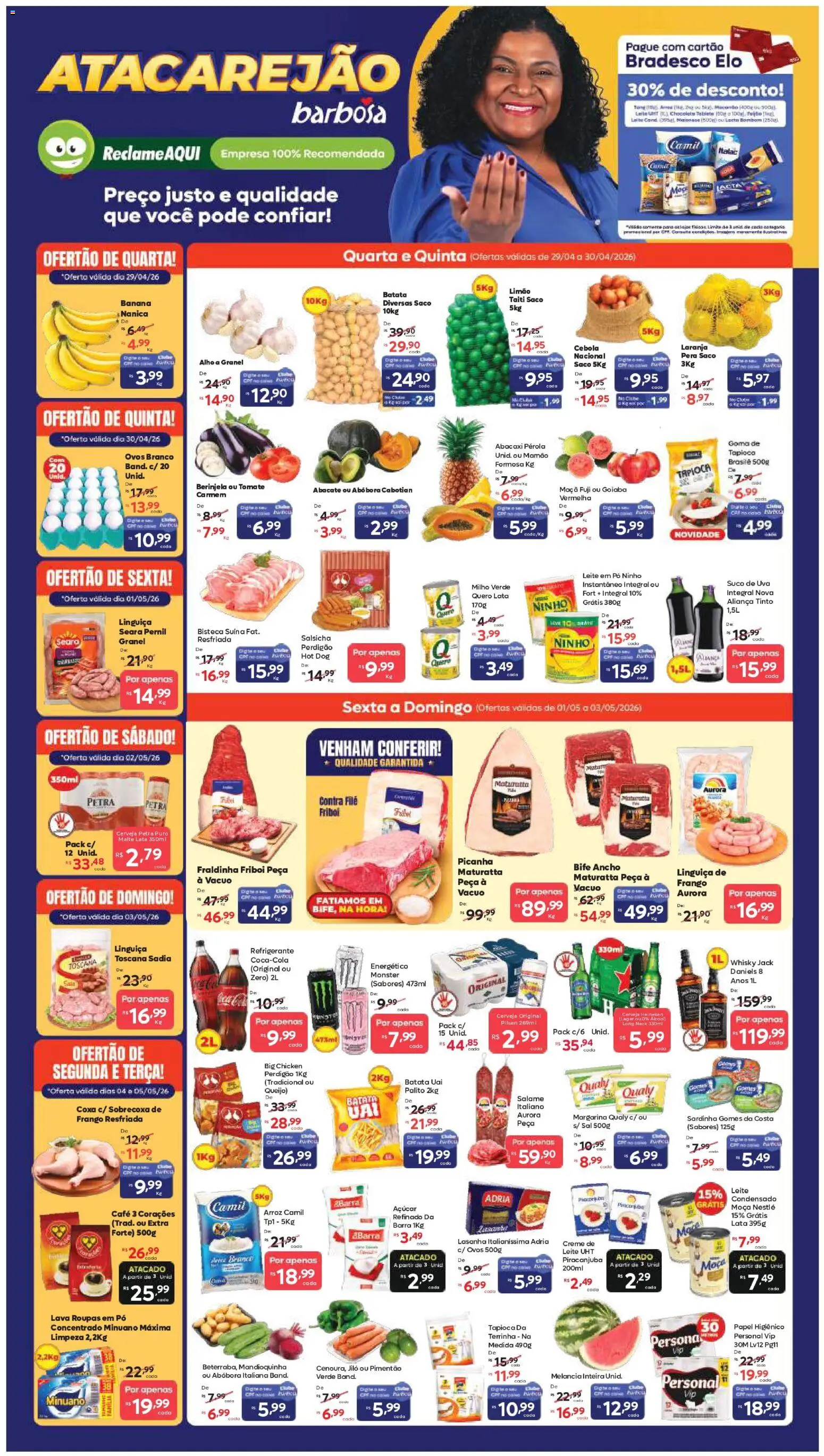 Barbosa Supermercados Folheto - válido de 29.04.2026 | Página: 1 | Produtos: Alho, Contra filé, Abacaxi, Roupas