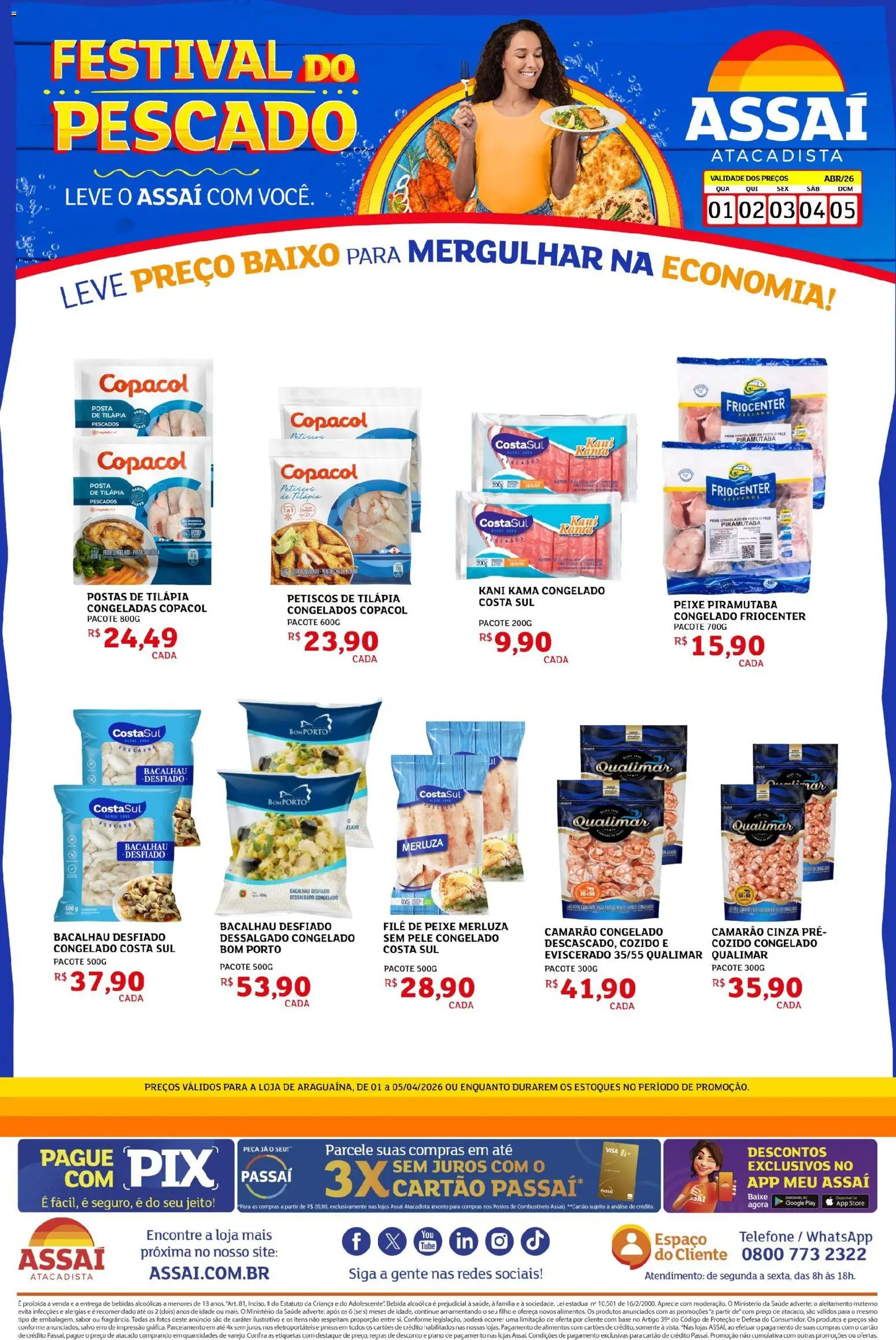 Assaí Atacadista Folheto - válido de 01.04.2026 | Página: 1 | Produtos: Bacalhau, Camarão, Tilápia, Base