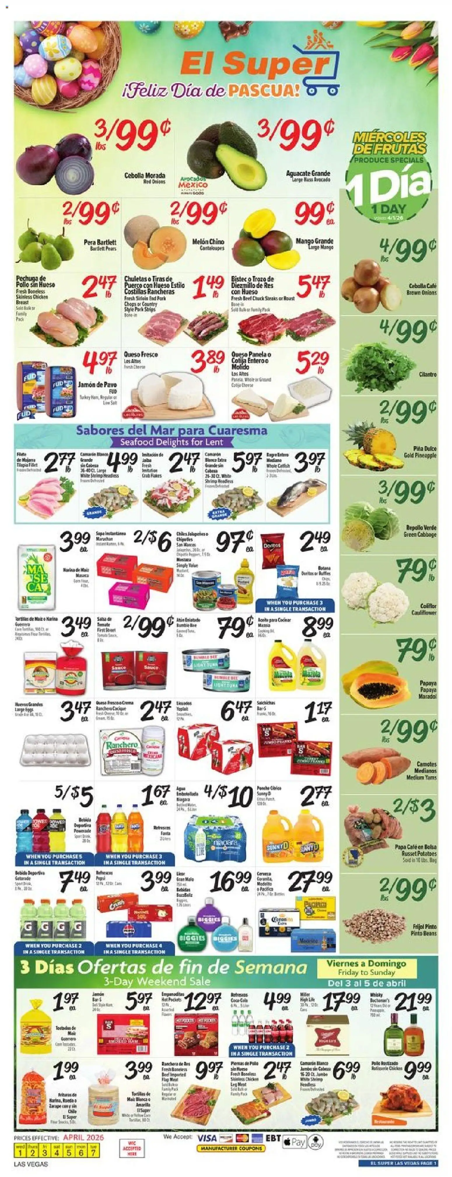 El Super Weekly Ad - NV - valid from 01.04.2026 | Page: 1 | Products: Cheese, Pineapple, Seafood, Cauliflower
