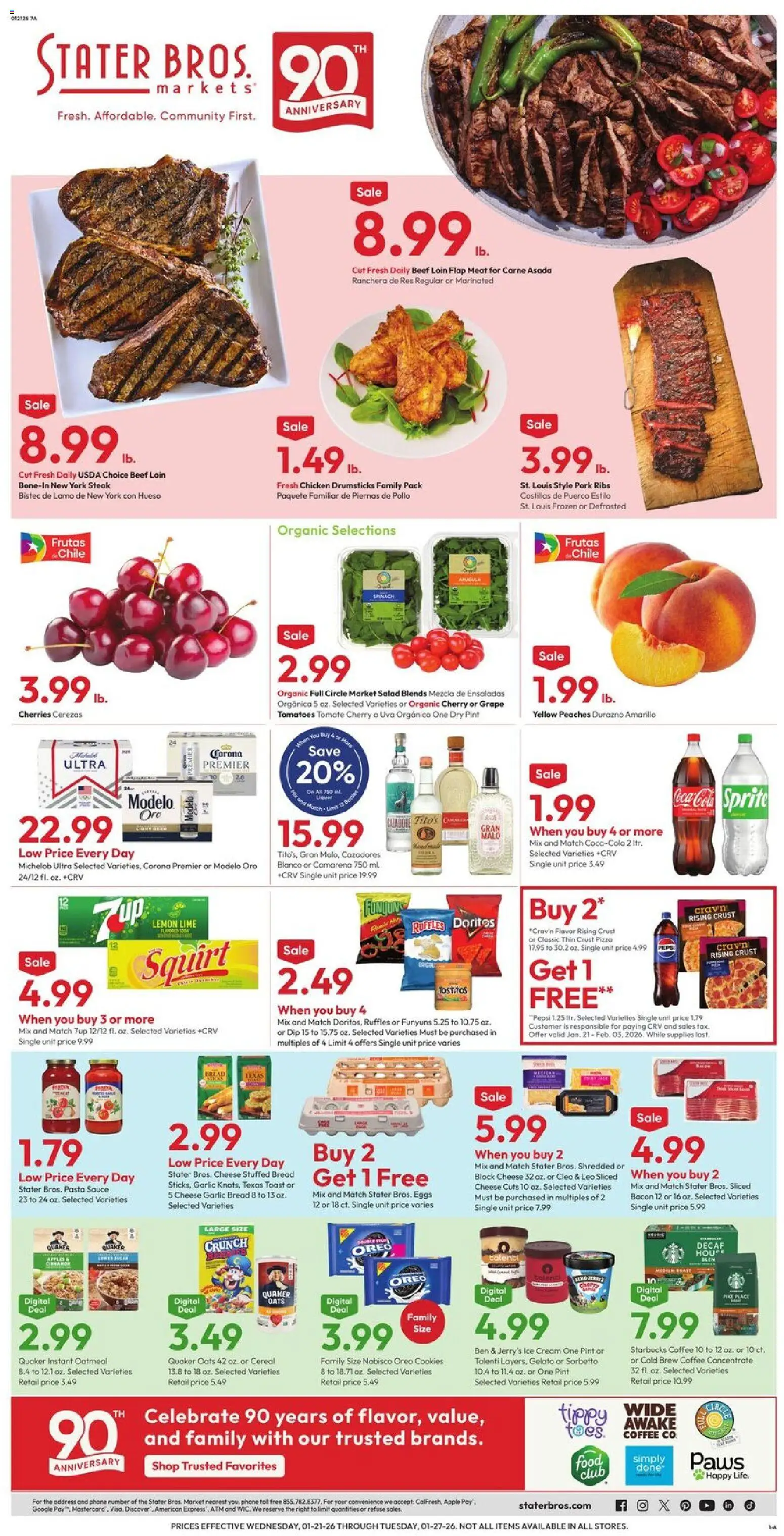 Stater Bros Weekly Ad - valid from 21.01.2026 | Page: 1 | Products: Cherries, Peaches, Pizza, Pasta