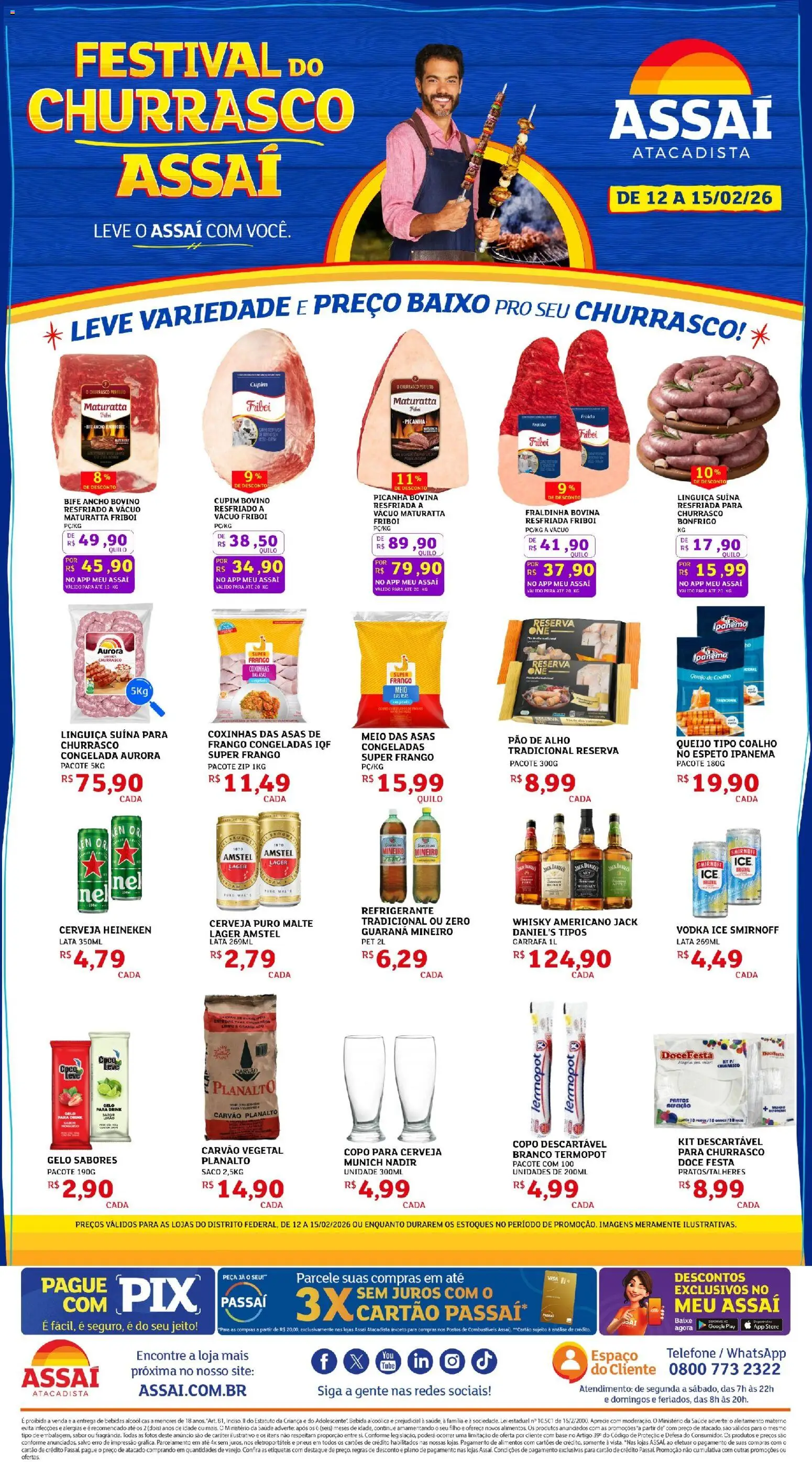 Assaí Atacadista Folheto - válido de 12.02.2026 | Página: 1 | Produtos: Carvão vegetal, Whisky, Linguiça, Fraldinha