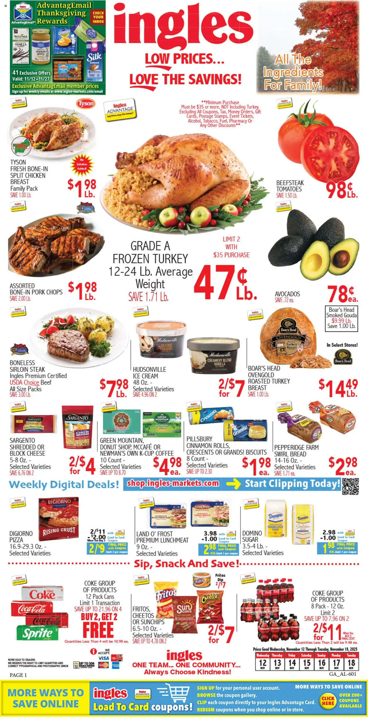 Ingles Weekly Ad - valid from 12.11.2025 | Page: 1 | Products: Clip, Coffee, Pork, Cream