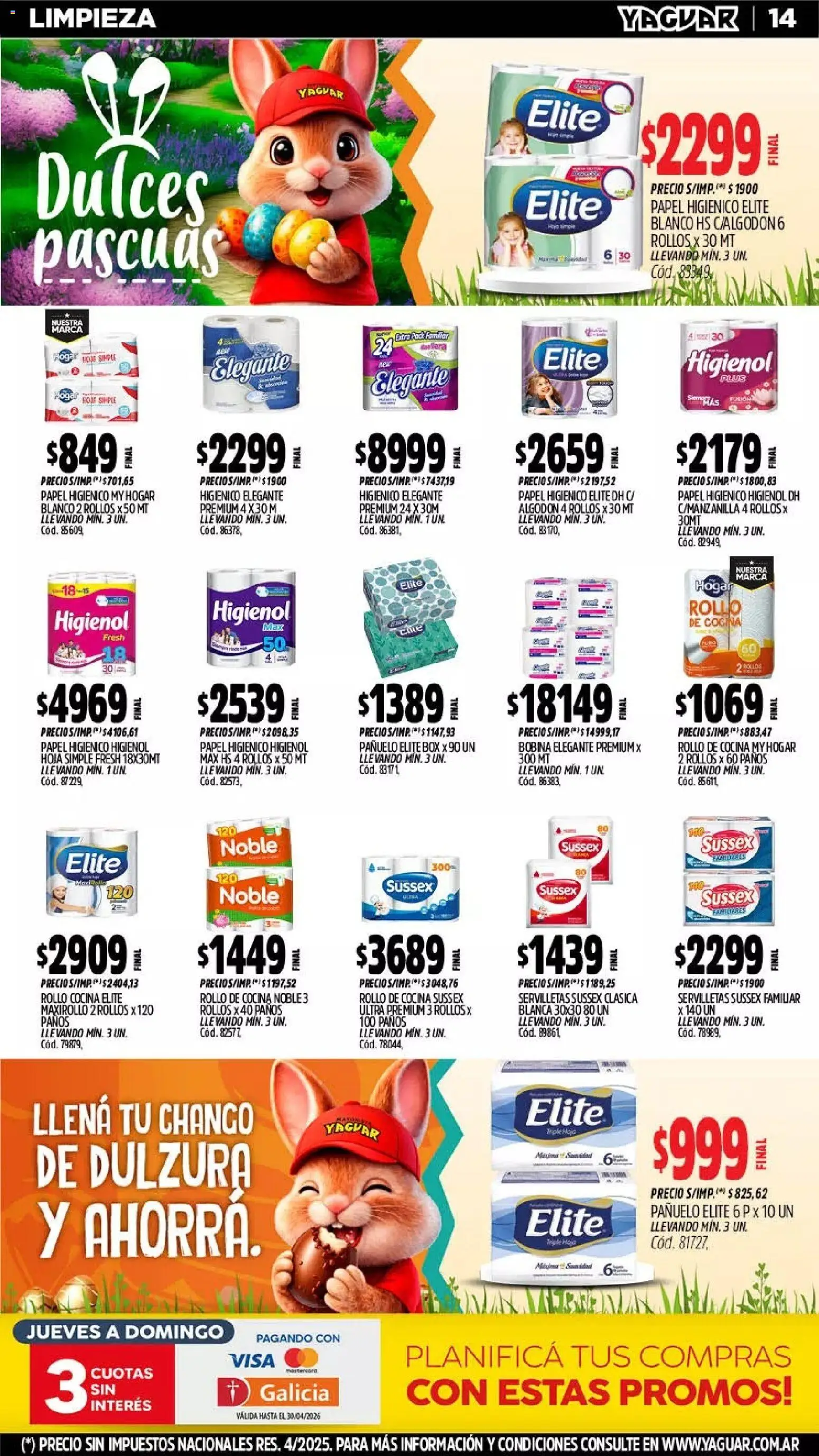 Yaguar - Oferta Semanal Neuquen │ válido desde el 30.03.2026 | Página: 14 | Productos: Algodón, Pañuelo, Cocina, Servilletas