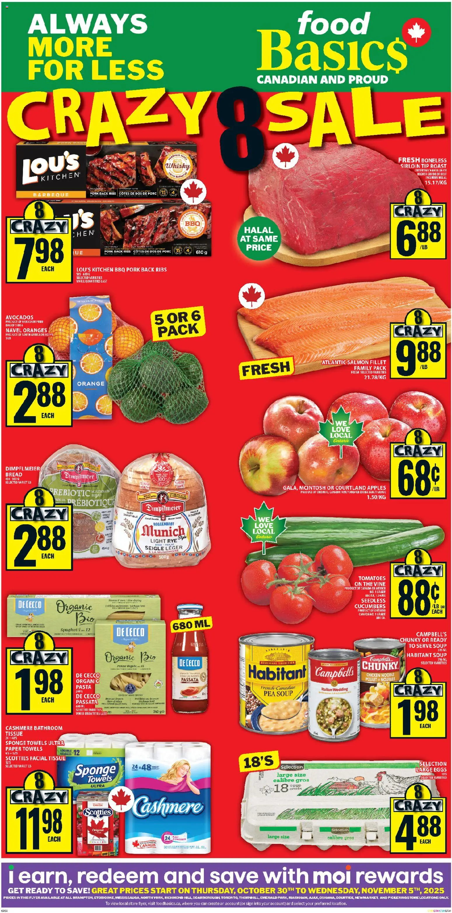 Food Basics flyer valid from 30.10.2025 | Page: 1 | Products: Cucumbers, Bread, Pork, Tomatoes