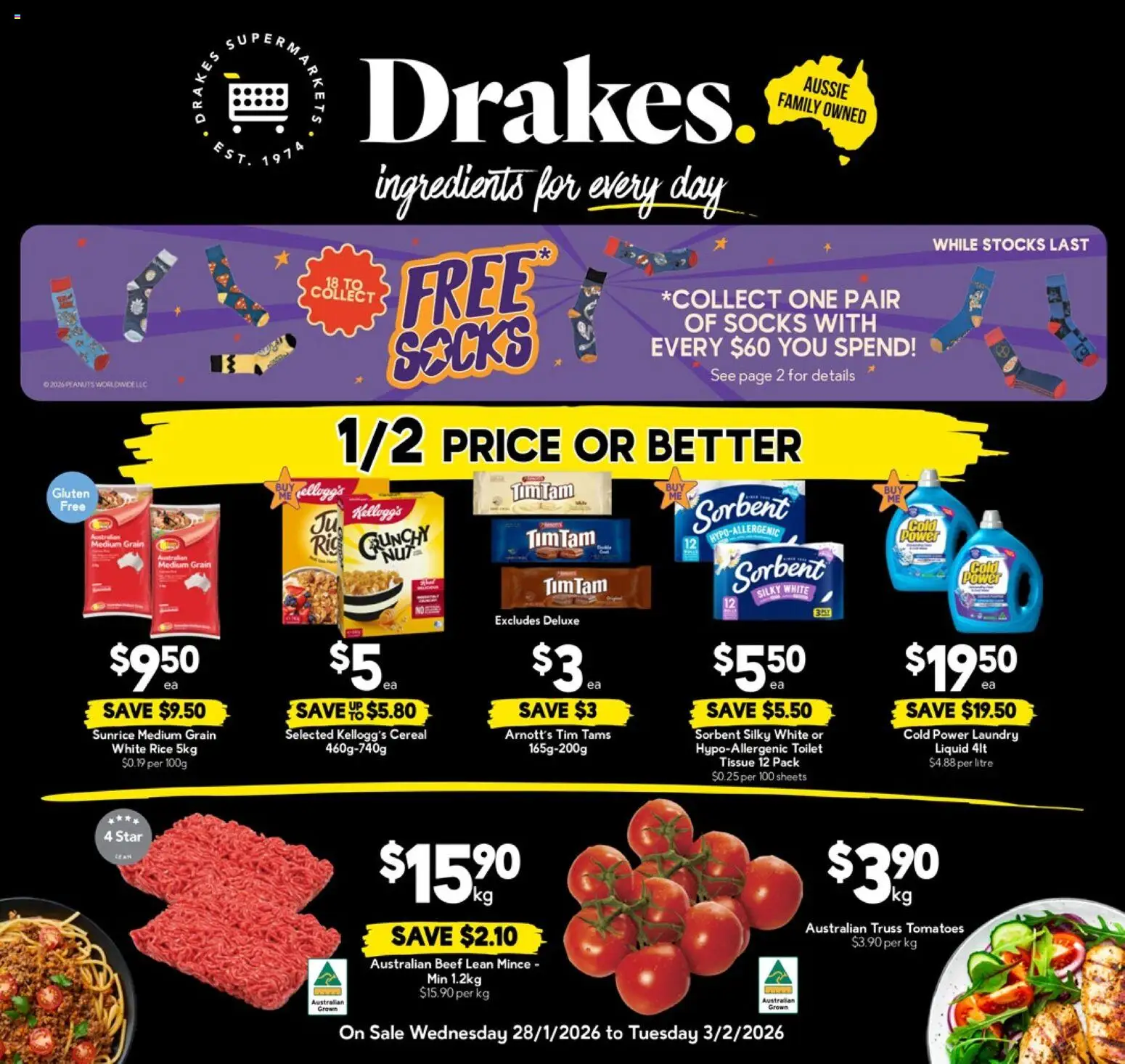 Drakes catalogue - valid from 28.01.2026 | Page: 1 | Products: Toilet, Beef, Cereal, Laundry