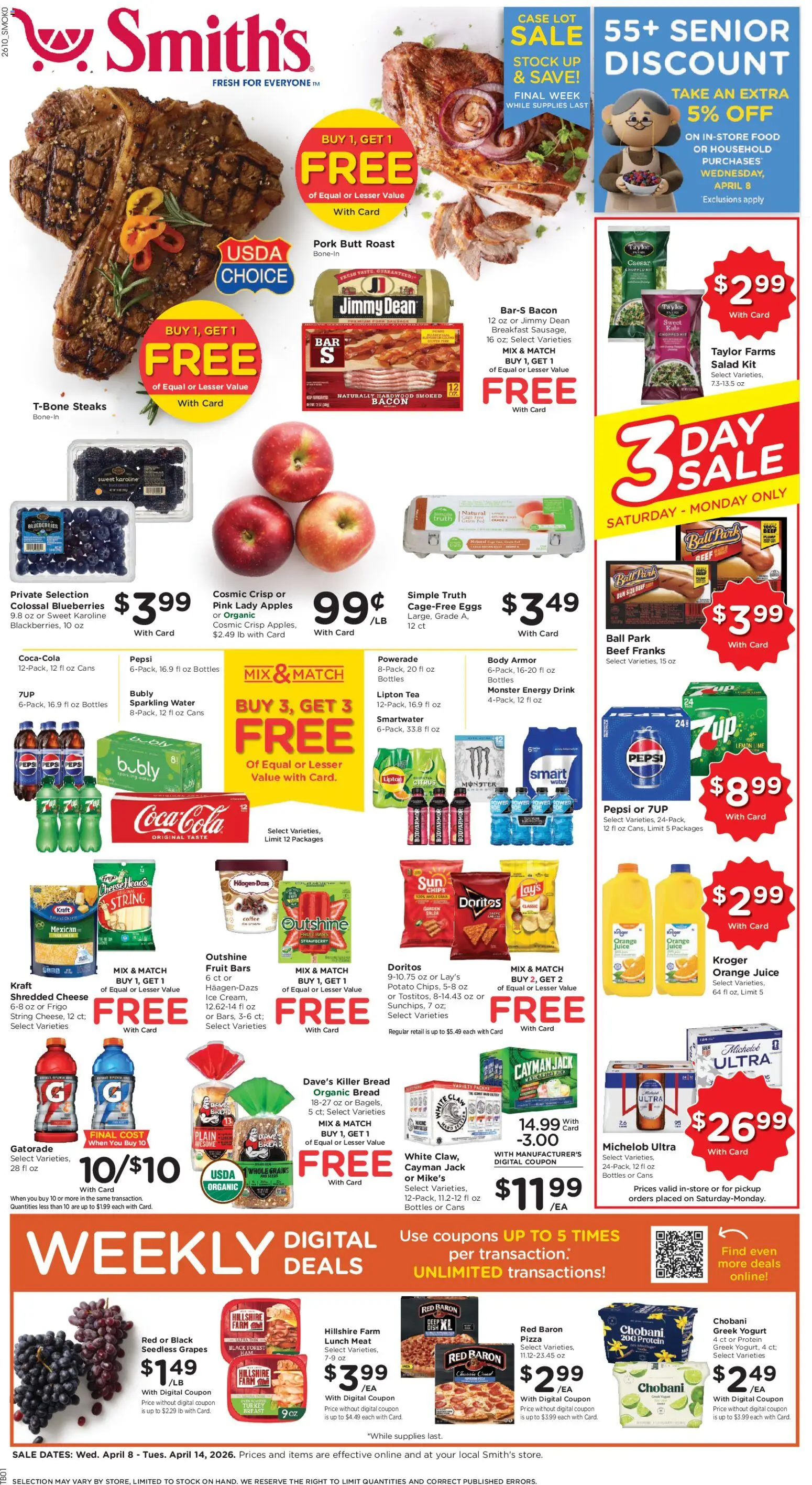 Smith's Weekly Ad - WY - valid from 08.04.2026 | Page: 1 | Products: Kale, Beef, Salad, Case