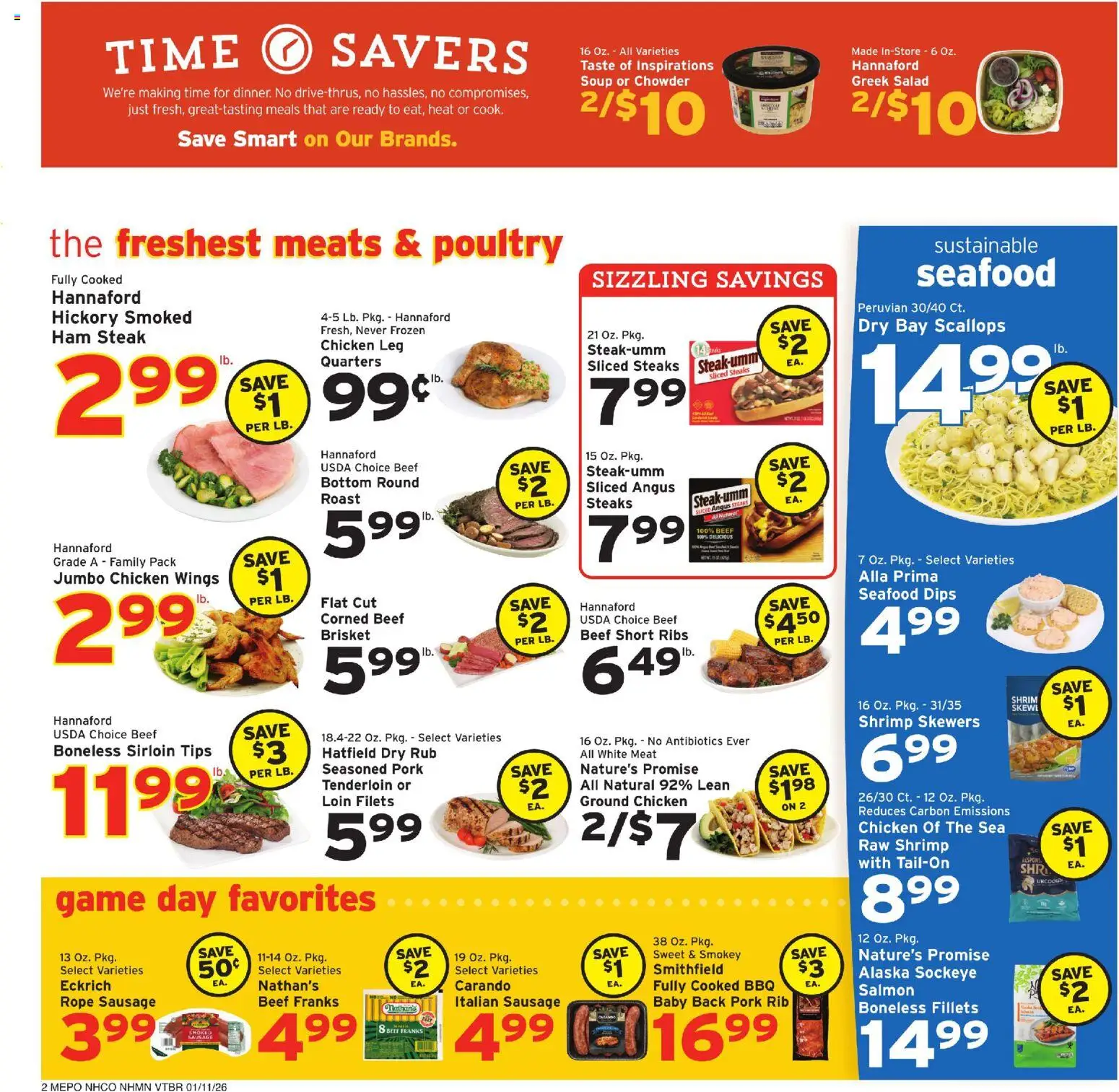 Hannaford Weekly Ad - valid from 11.01.2026 | Page: 2 | Products: Ham, Pork, Seafood, Game