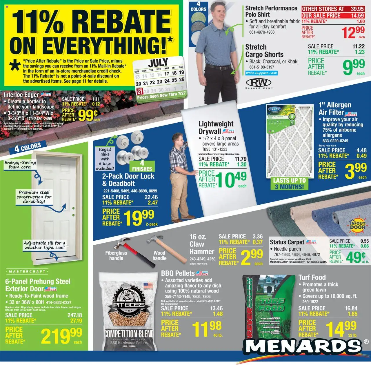Menards Weekly Ad - valid from 17.07.2025 | Page: 1 | Products: Edger, Door Lock, Hammer, Shirt