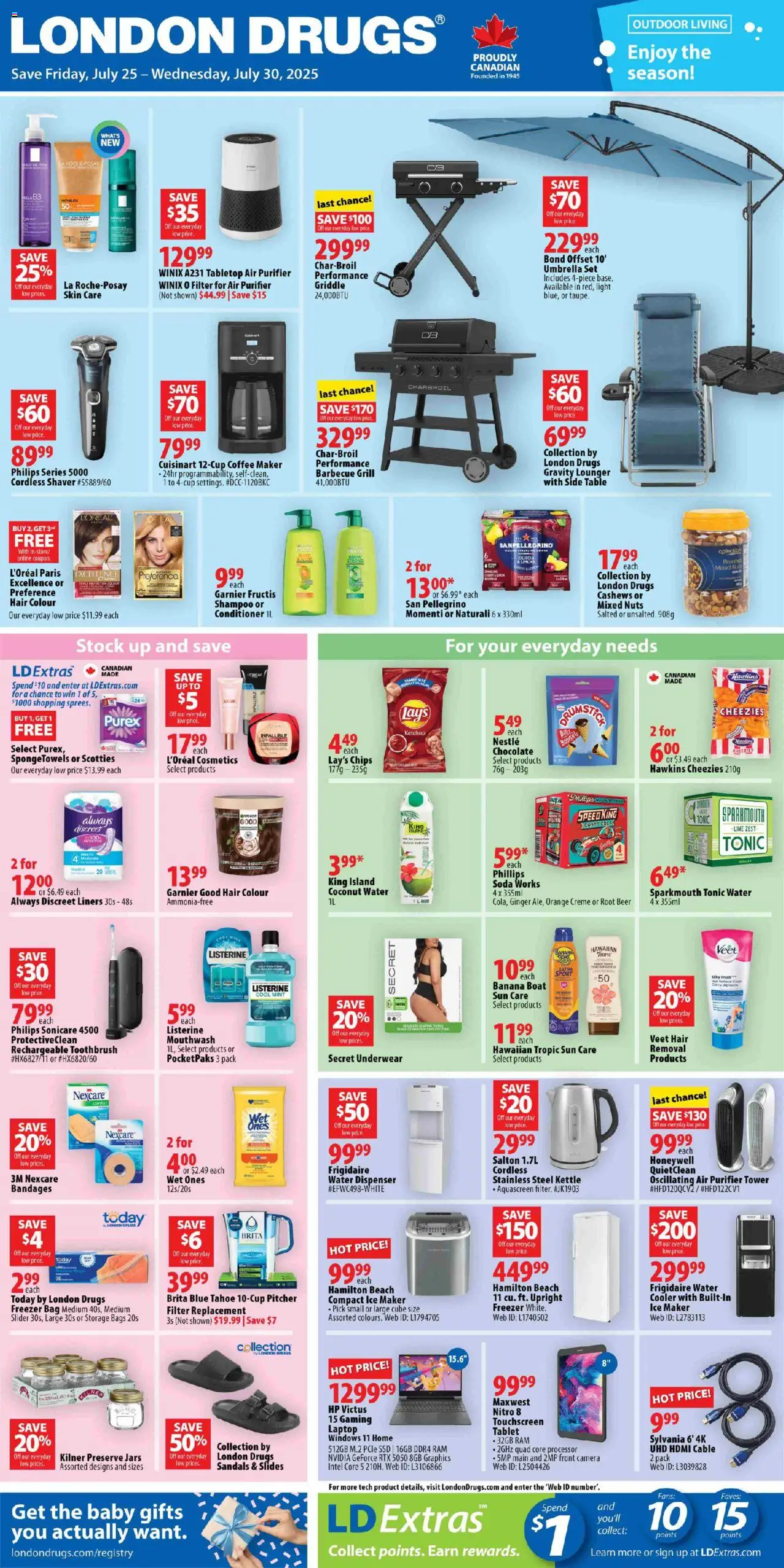 London Drugs flyer valid from 25.07.2025 | Page: 1 | Products: Chips, Ketchup, Tablet, Freezer