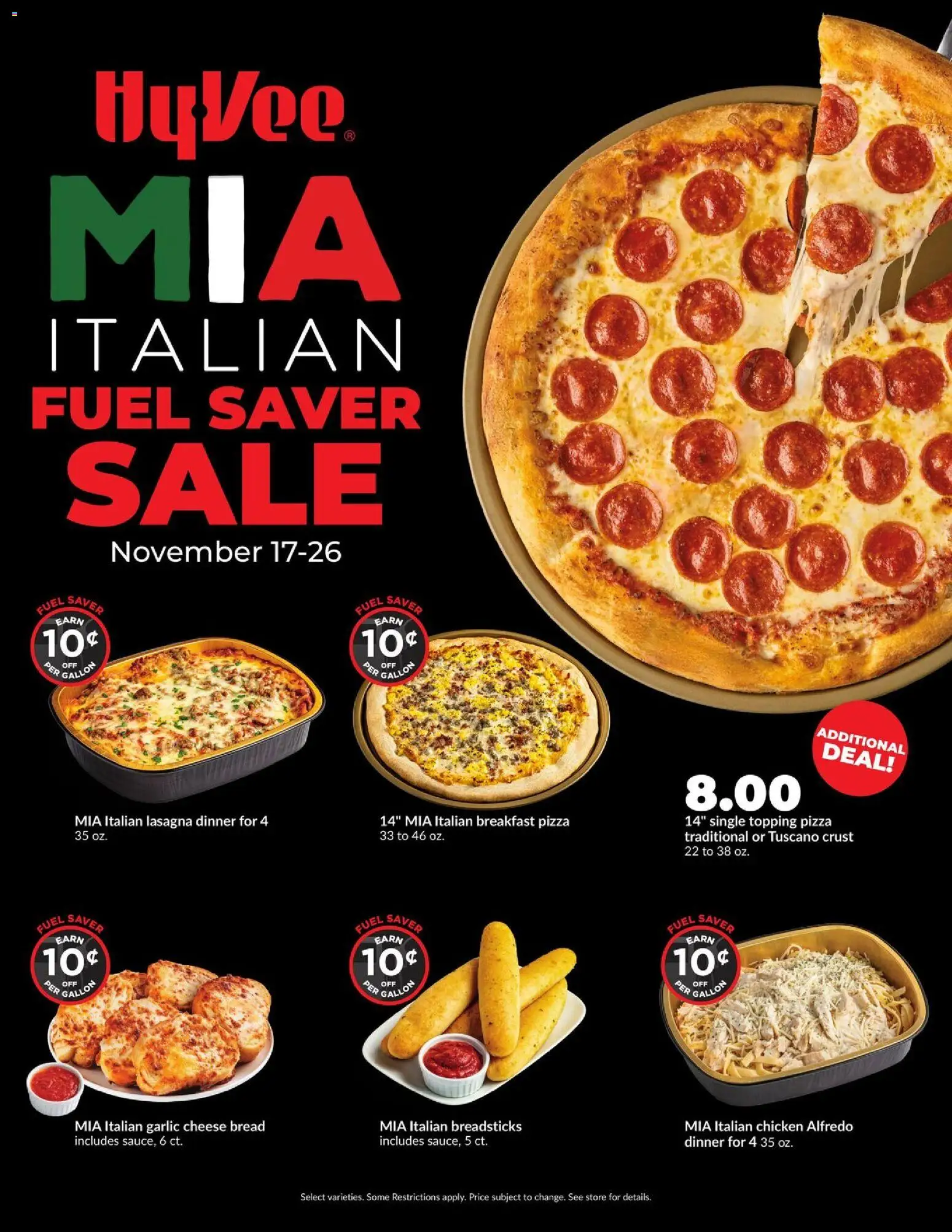 HyVee Mia Italia Fuel Saver Sale - valid from 17.11.2025 | Page: 1 | Products: Cheese, Bread, Pizza, Garlic