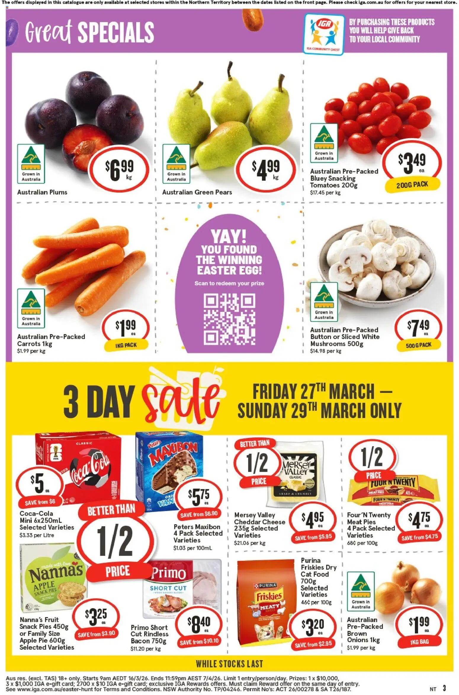 IGA catalogue - valid from 29.03.2026 | Page: 3 | Products: Cheese, Tomatoes, Onions, Pies
