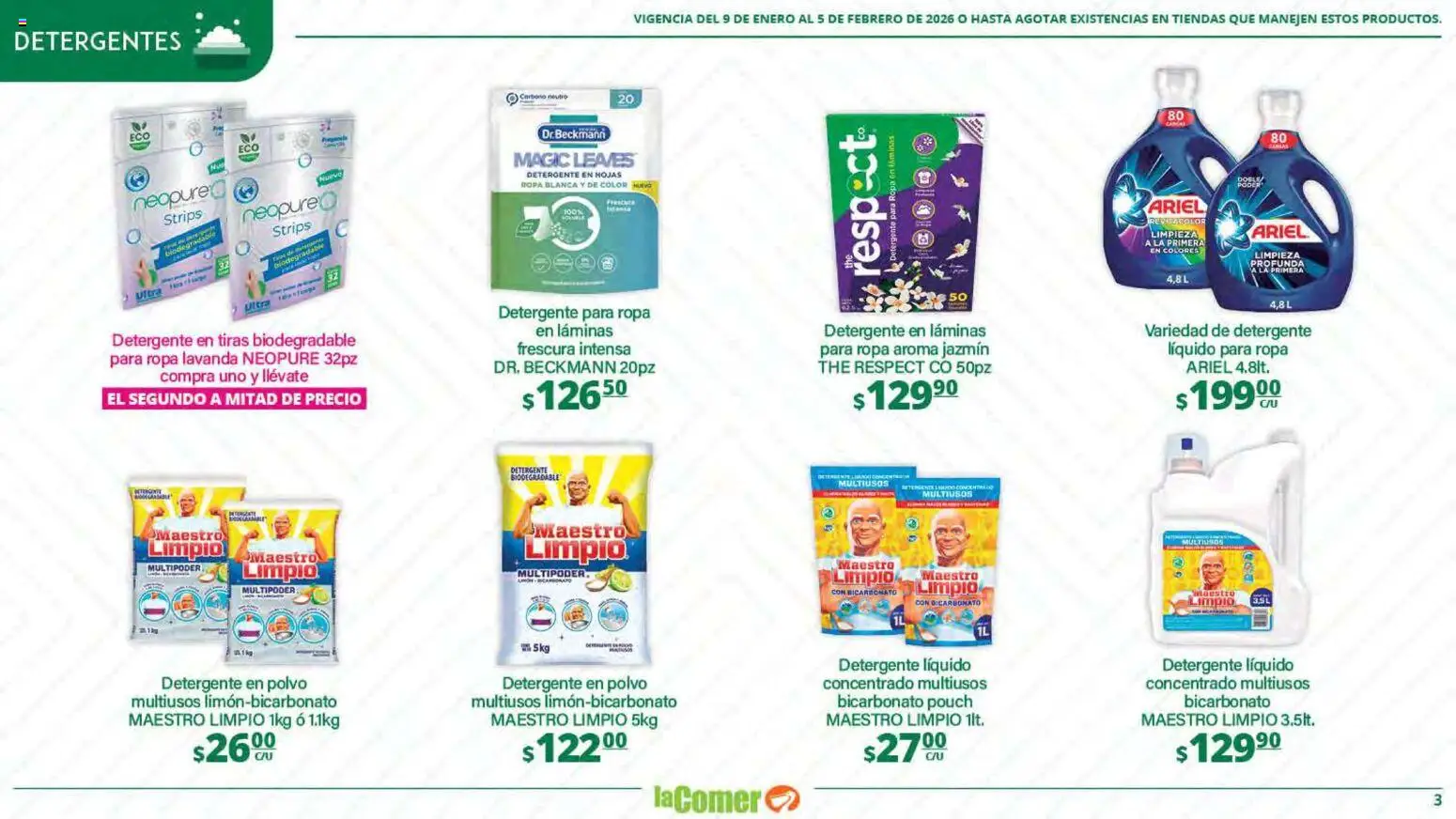 Nuevas ofertas de La Comer válidas en toda la República Mexicana desde el 09.01.2026. ¡Encuentra las mejores ofertas en La Comer folleto Limpia Desinfecta Organiza Ahorra! | Página: 3 | Productos: Detergente, Ropa, Polvo