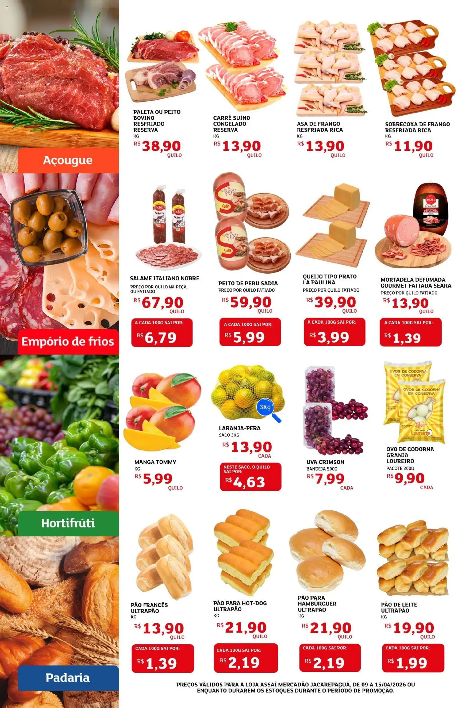 Assaí Atacadista Folheto - válido de 09.04.2026 | Página: 2 | Produtos: Leite, Mortadela, Ovos de codorna, Pão francês