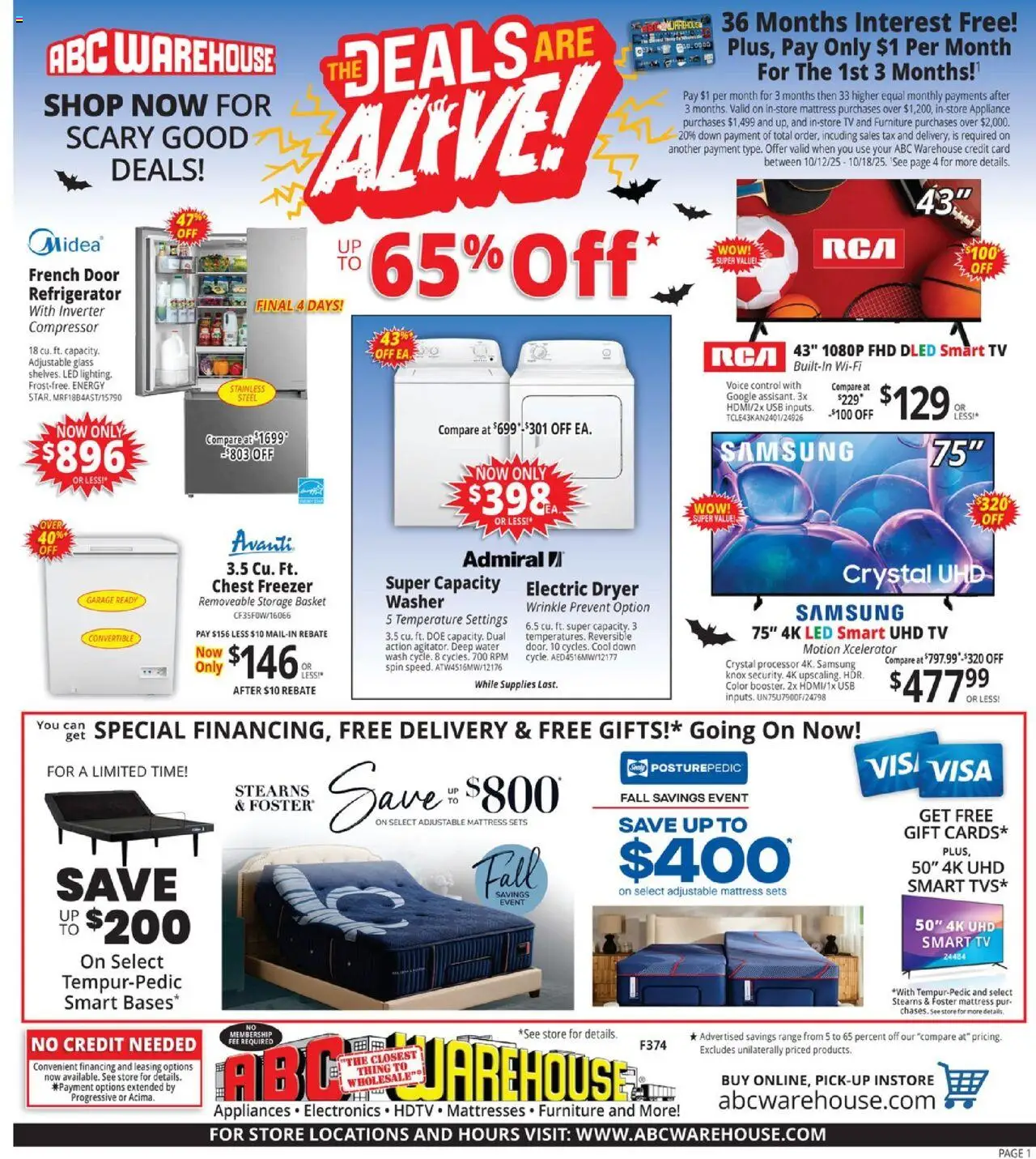 ABC Warehouse Weekly Ad - valid from 12.10.2025 | Page: 1 | Products: Water, Refrigerator, Freezer, Dryer