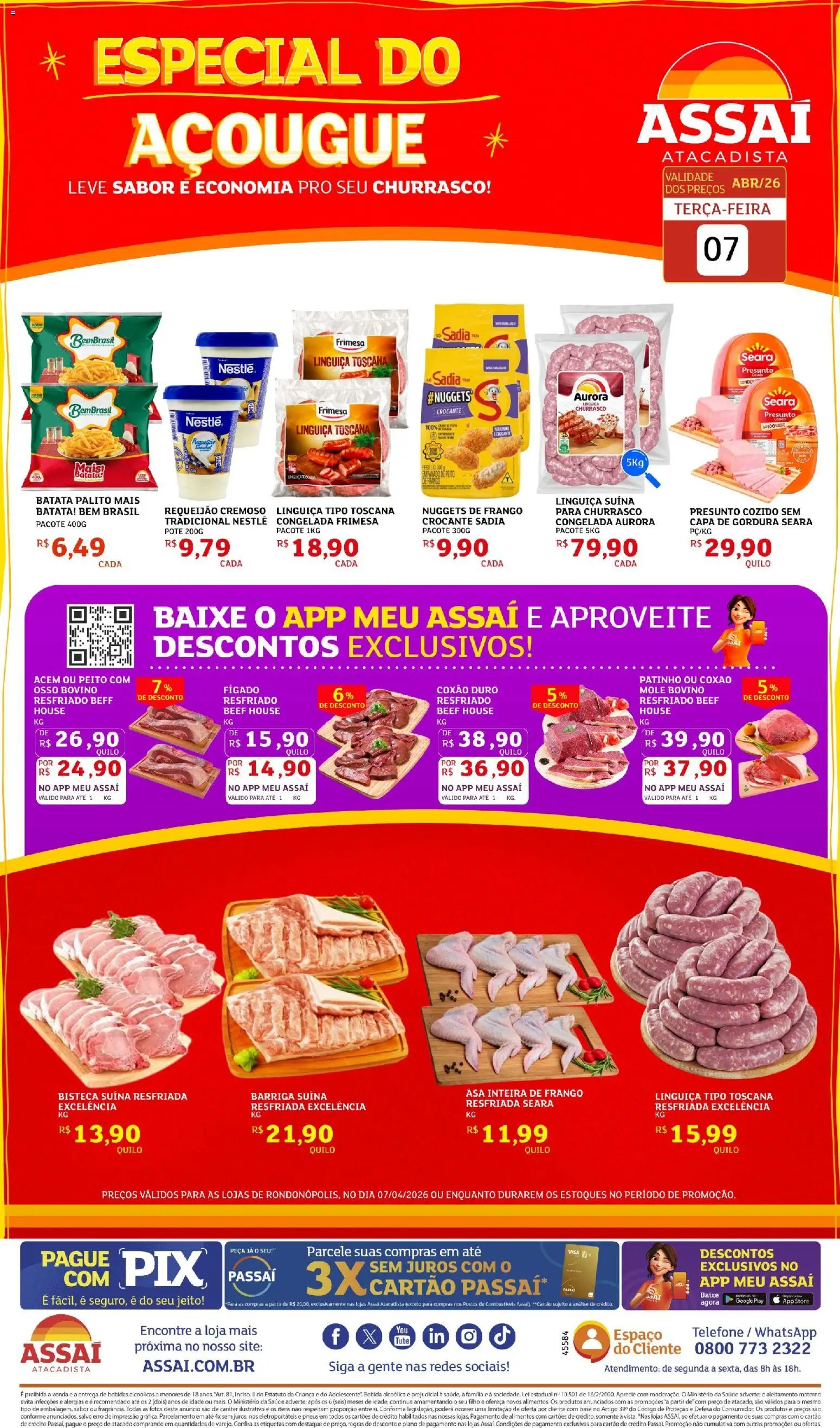 Assaí Atacadista Folheto - válido de 07.04.2026 | Página: 1 | Produtos: Linguiça, Presunto, Batata, Requeijão