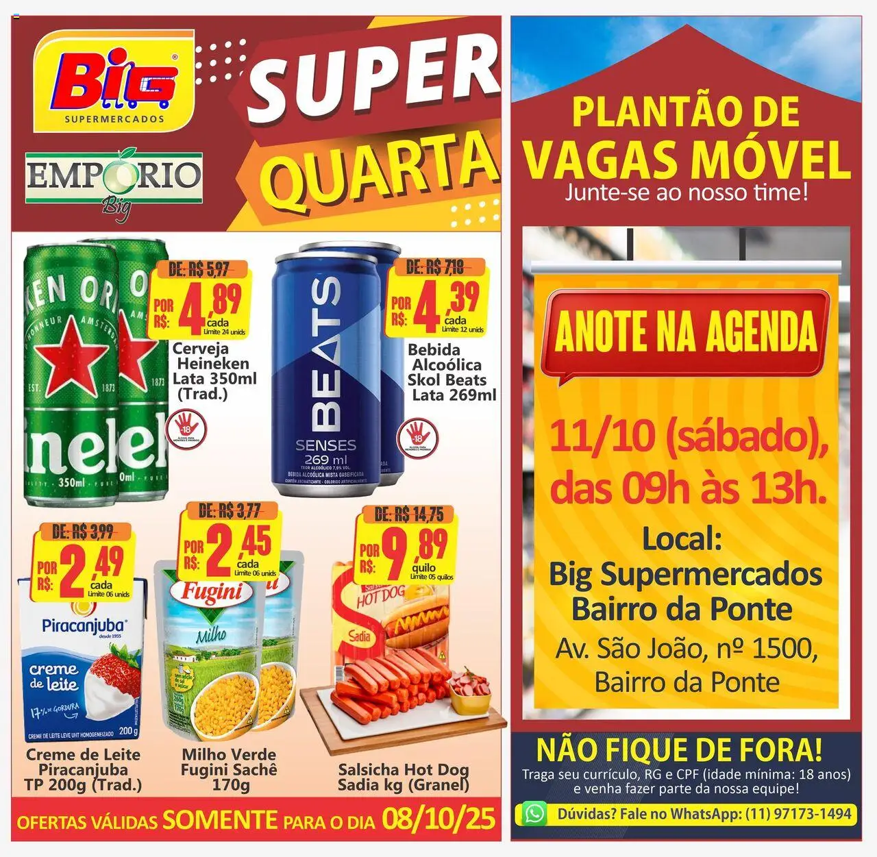 Big Supermercados Folheto - válido de 08.10.2025 | Página: 1 | Produtos: Salsicha, Heineken, Creme, Bebida