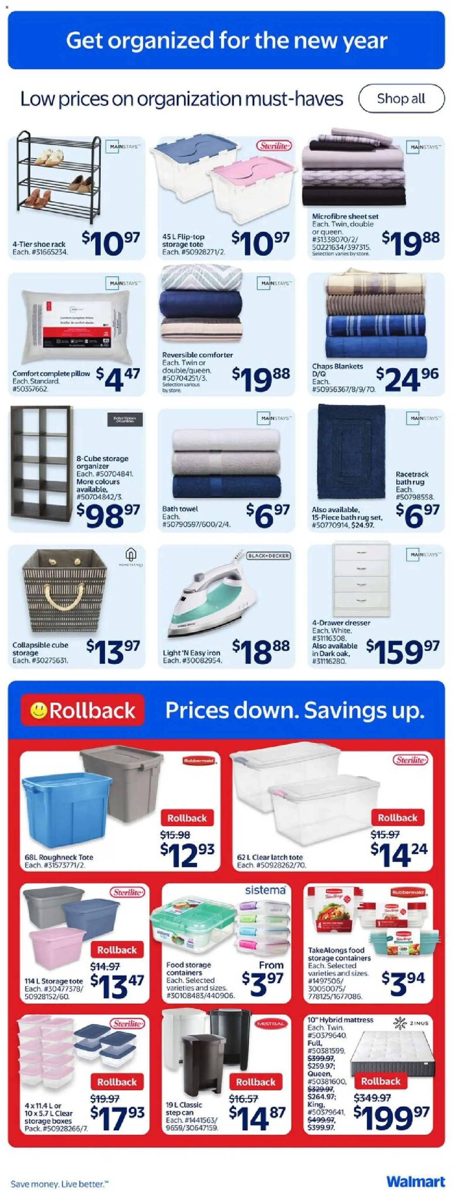 Walmart flyer valid from 01.01.2026 | Page: 11 | Products: Iron, Mattress, Pillow, Bath
