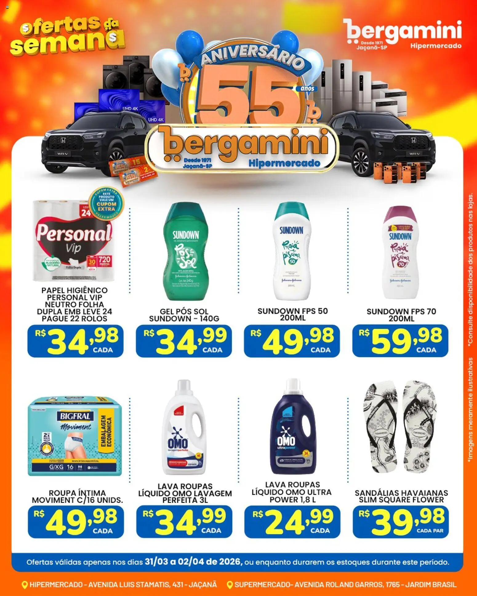 Supermercado Bergamini Folheto - válido de 31.03.2026 | Página: 10 | Produtos: Roupas, Piscina, Sandálias, Papel higiênico