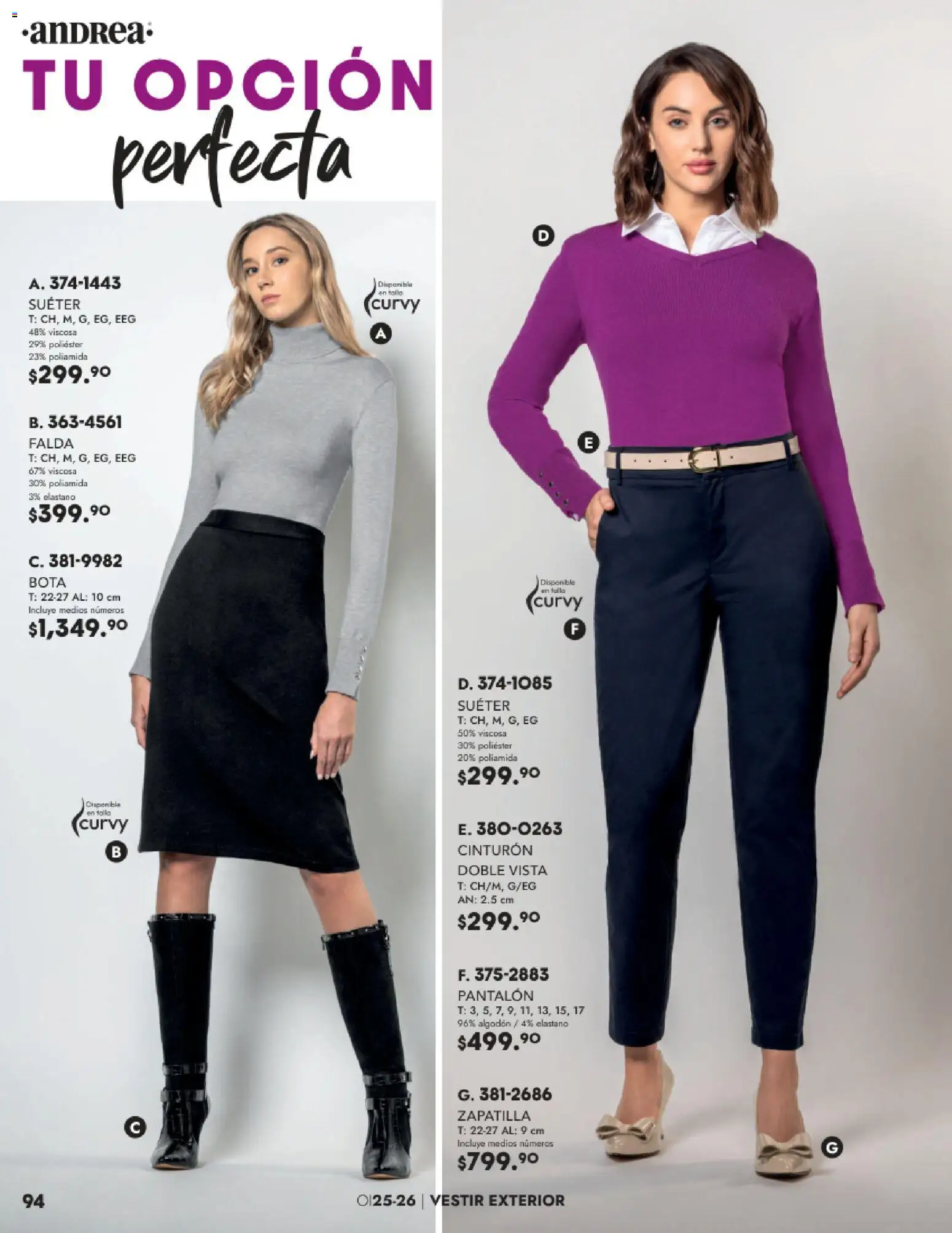 Nuevas ofertas de Andrea válidas en toda la República Mexicana desde el 26.11.2025. ¡Encuentra las mejores ofertas en Andrea catálogo Vestir! | Página: 94 | Productos: Suéter, Cinturón, Algodón, Falda