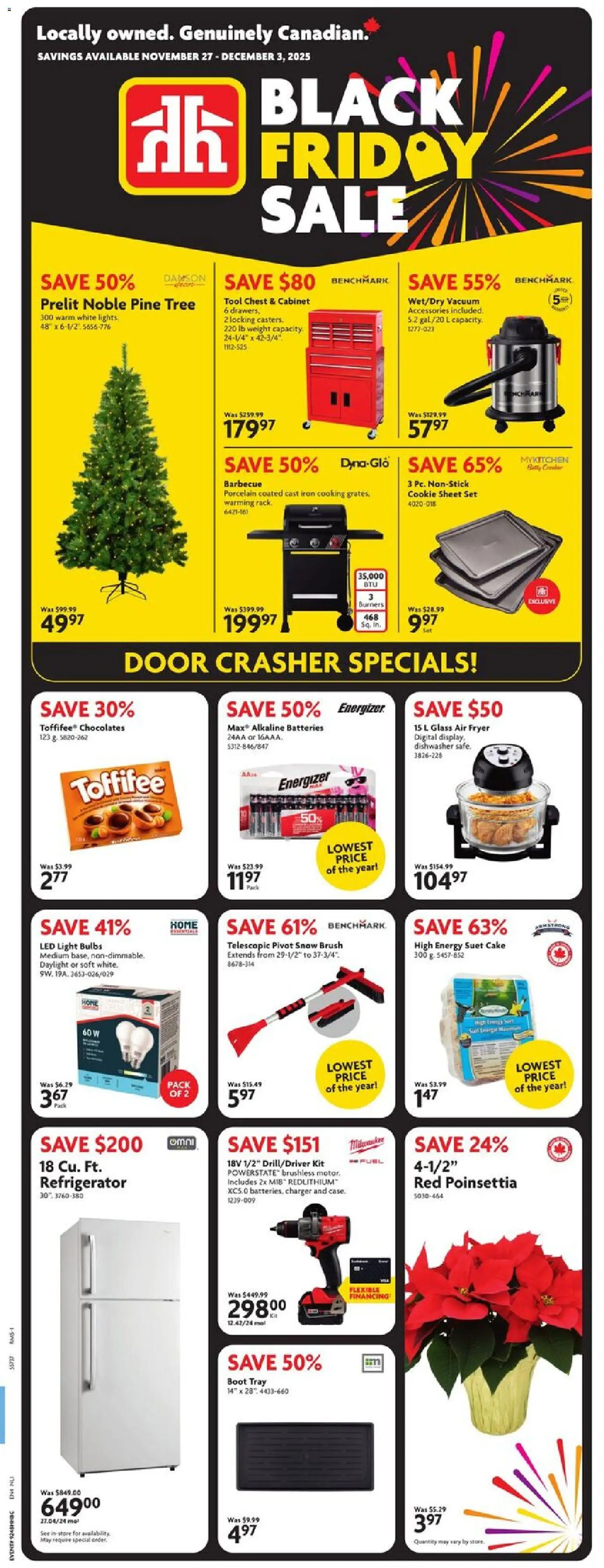 Home Hardware flyer valid from 27.11.2025 | Page: 1 | Products: Dishwasher, Iron, Fryer, Cabinet